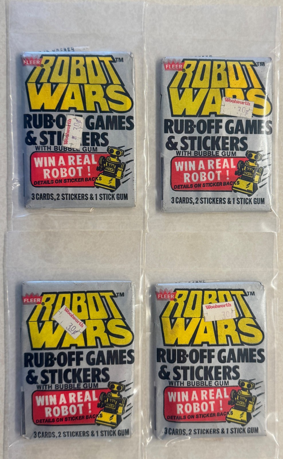 1985 Fleer Robot Wars - FOUR 4x Sealed Wax Packs (random sample) +Sealed Baggies