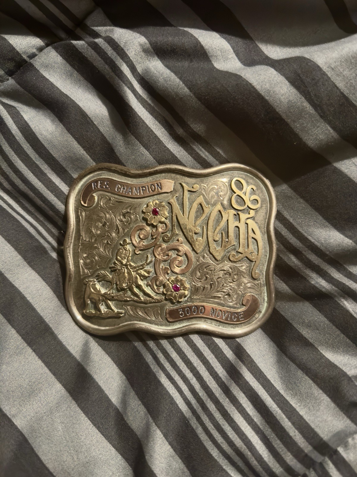VTG LARGE STERLING SILVER ENGRAVED WESTERN BELT BUCKLE Res. Champion 3000 1986
