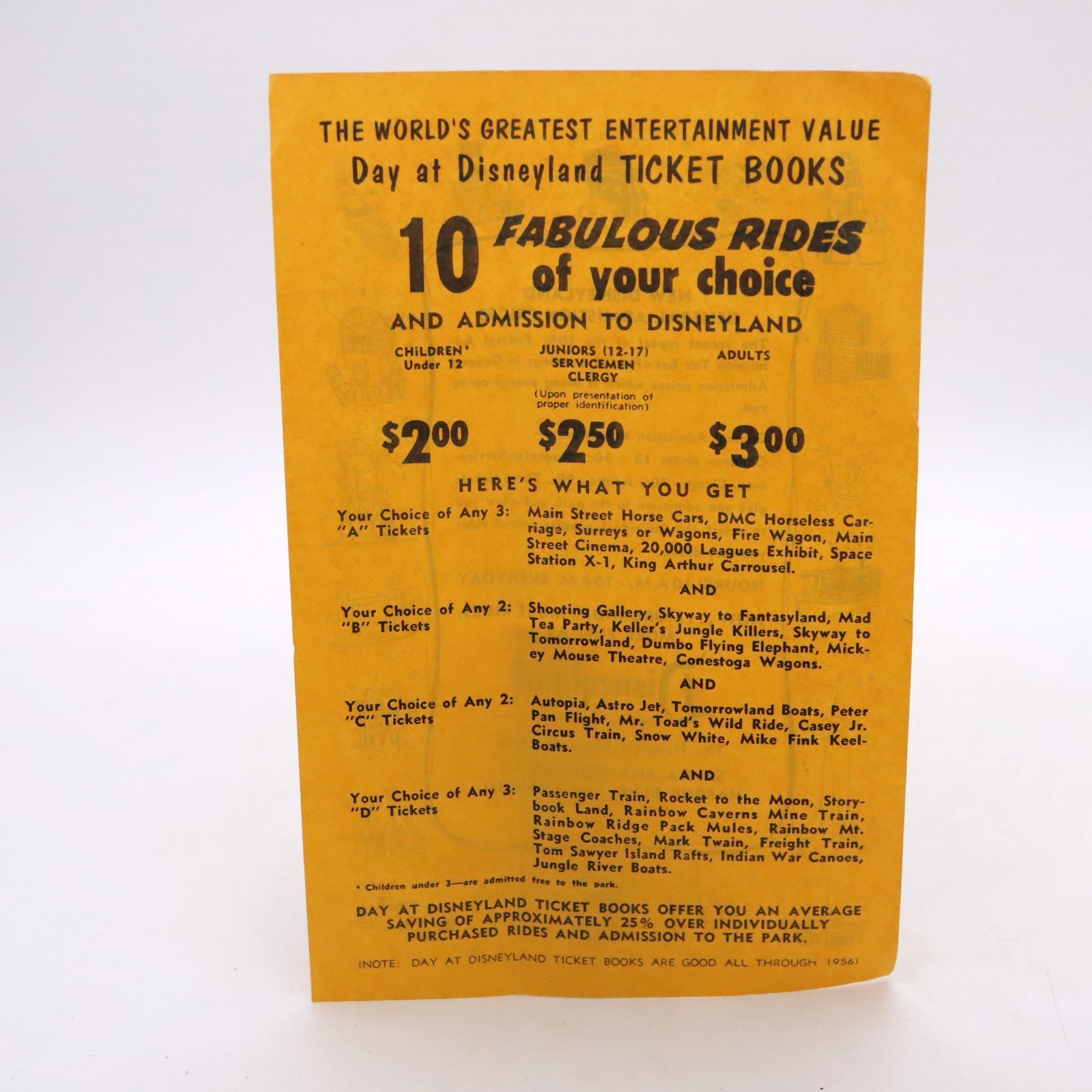 1956 A Day at Disneyland gate flyer - Ticket Plan admission prices Brochure