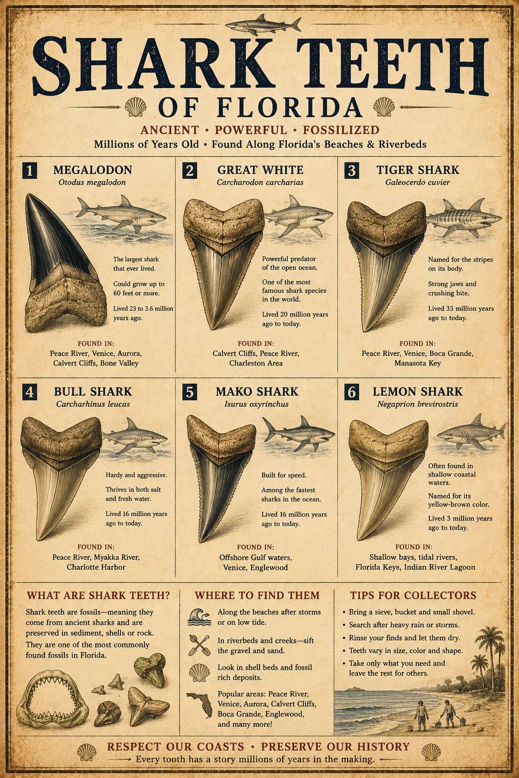 Shark Teeth of Florida Poster 13x19 – Vintage Megalodon Fossil Shark Tooth