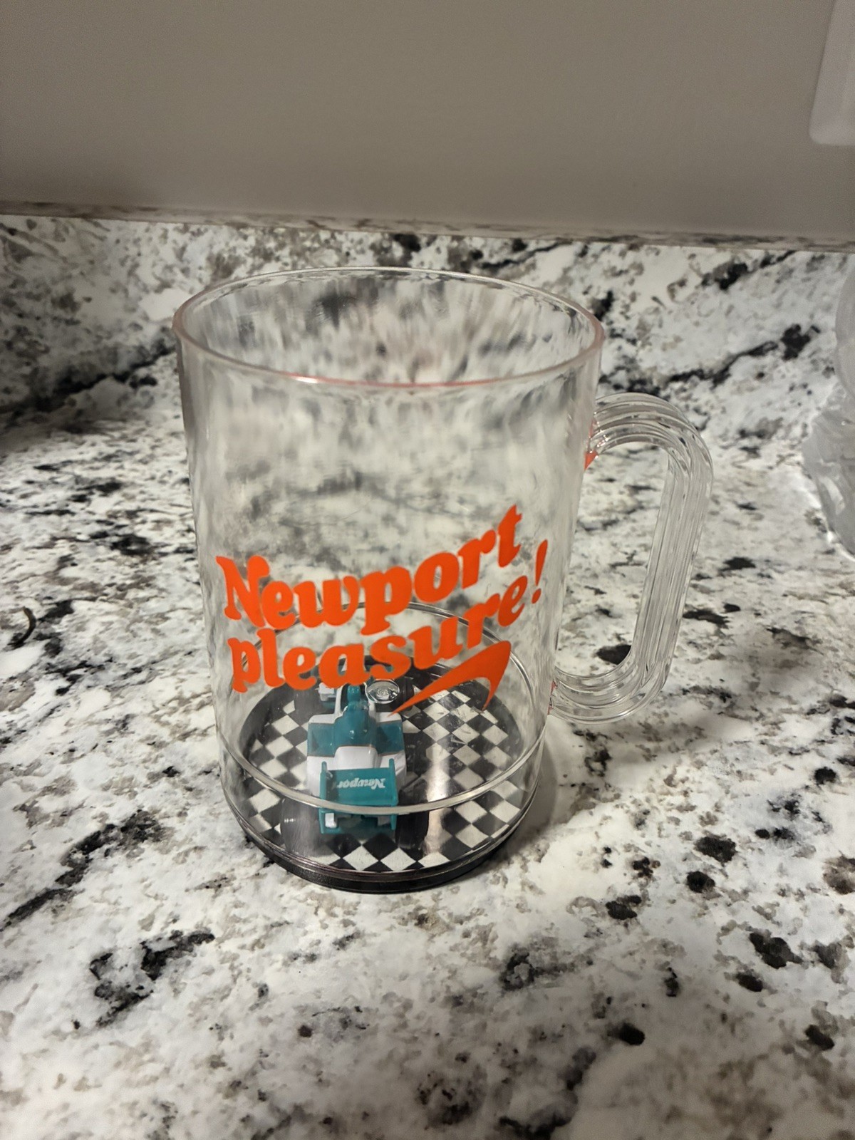 VINTAGE NEWPORT CIGARETTE PROMO NEWPORT PLEASURE INDY RACE CAR PLASTIC MUG 1970S