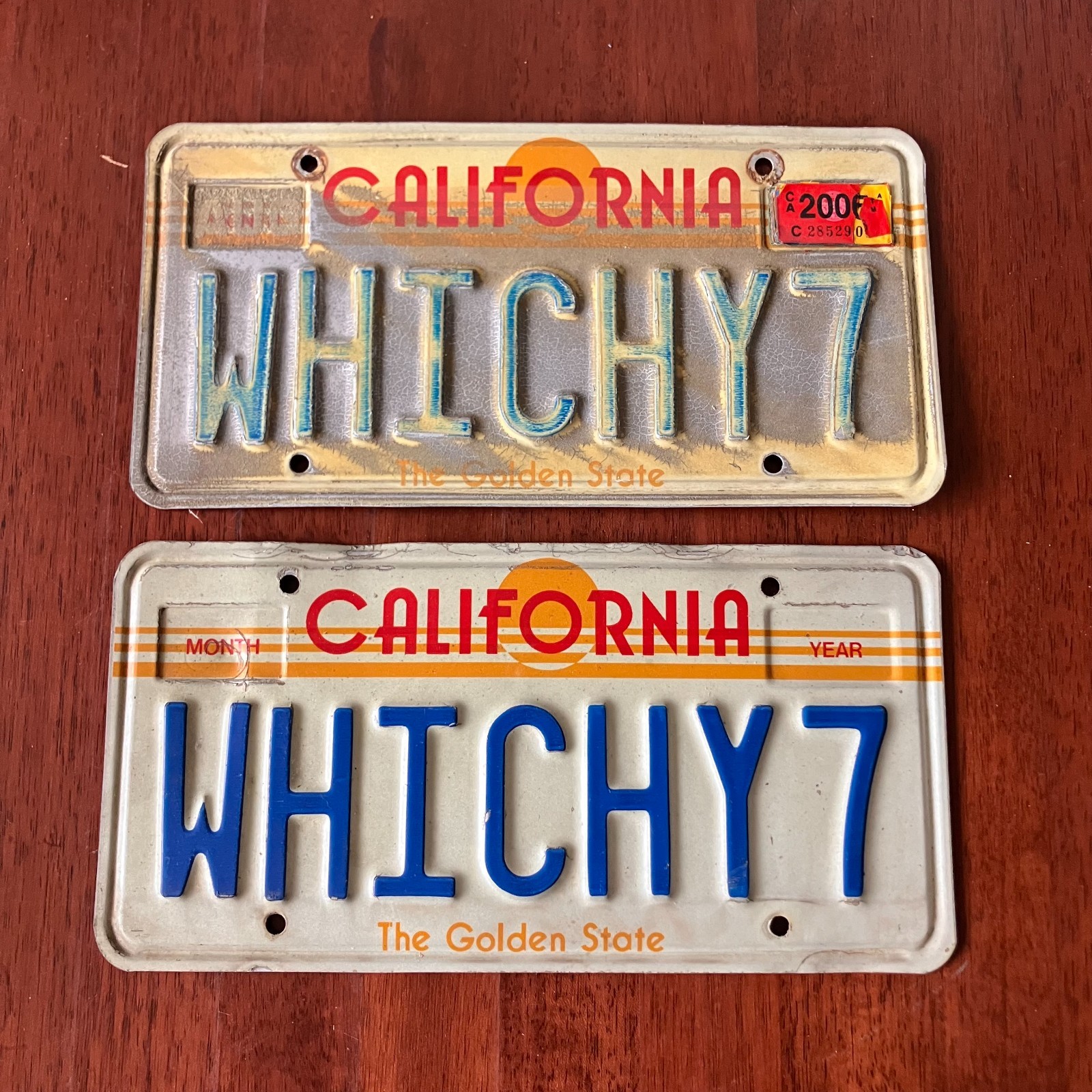 set of 2 California Golden State Sun License Plates WHICHY7 occult rare find