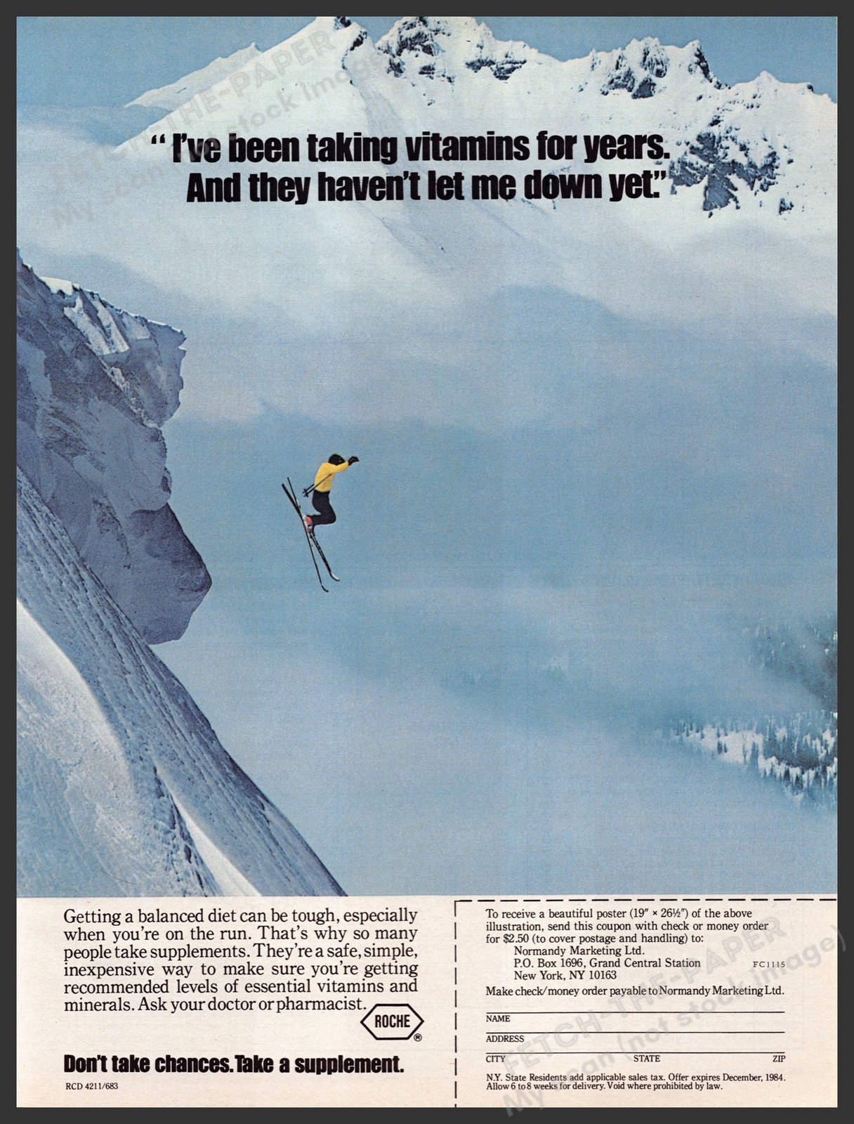Roche 1980s Print Advertisement Ad 1983 Pharmaceuticals Downhill Skiier
