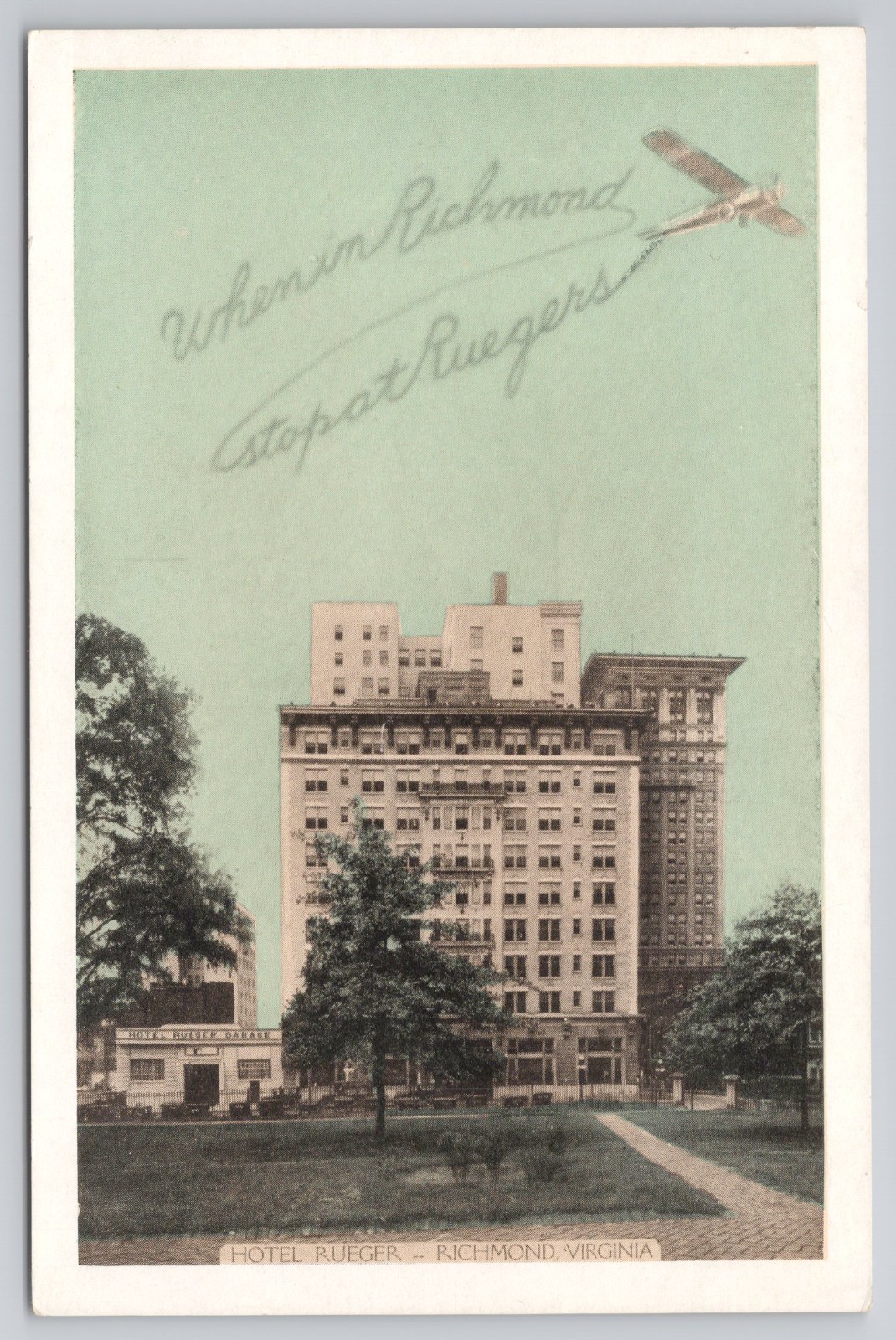Hotel Rueger 9th Bank Sts Richmond Virginia Lumitone Postcard Airplane