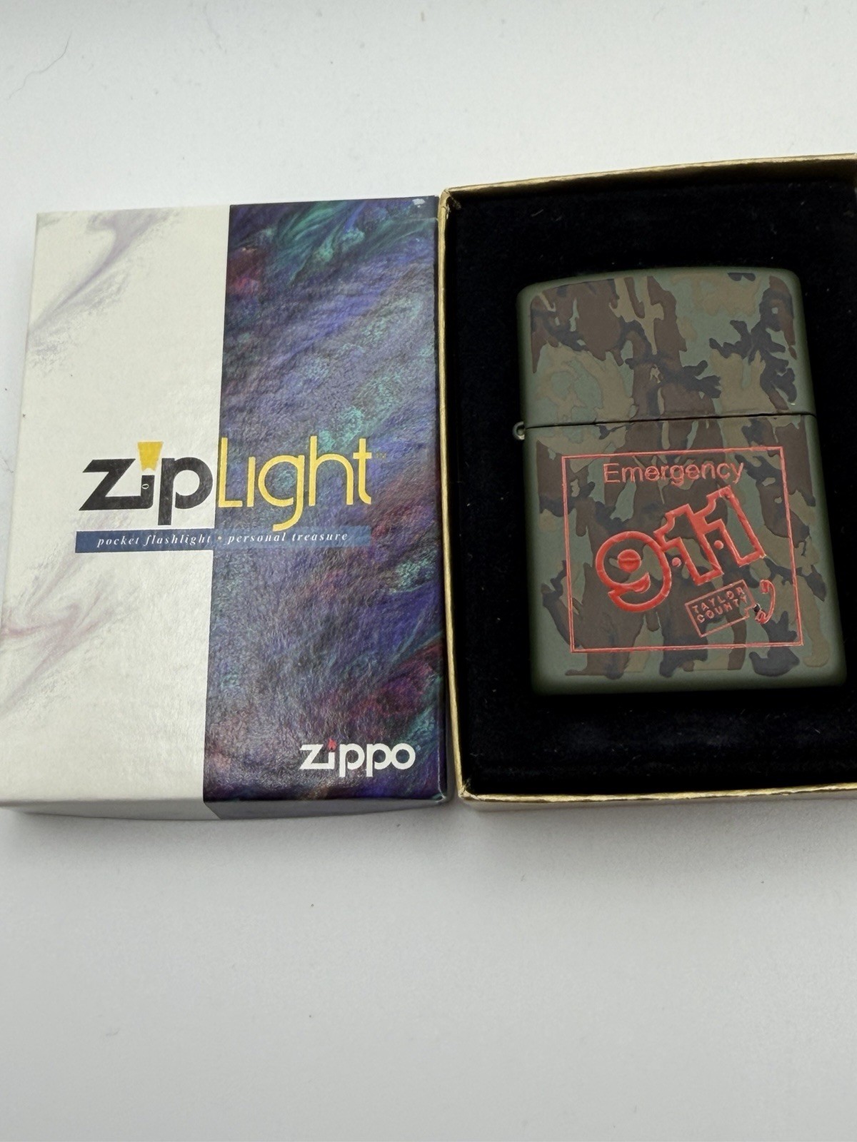 Vintage 1998 Emergency 911 Taylor County Camo Zippo Ziplight NEW B17