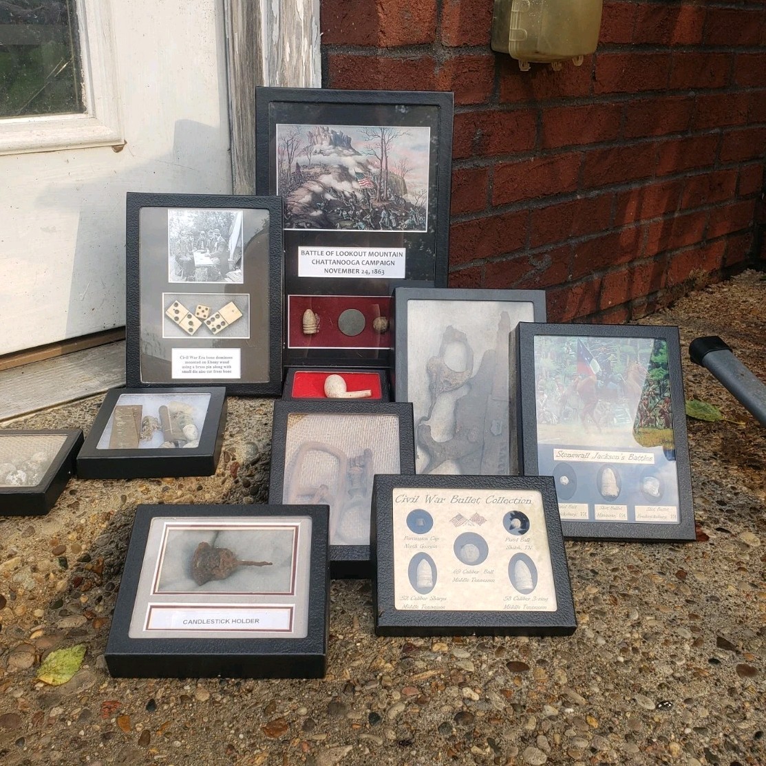 Civil War Framed Memorabilia Display w/ Stonewall Jackson Bullets, Bone Dominoes