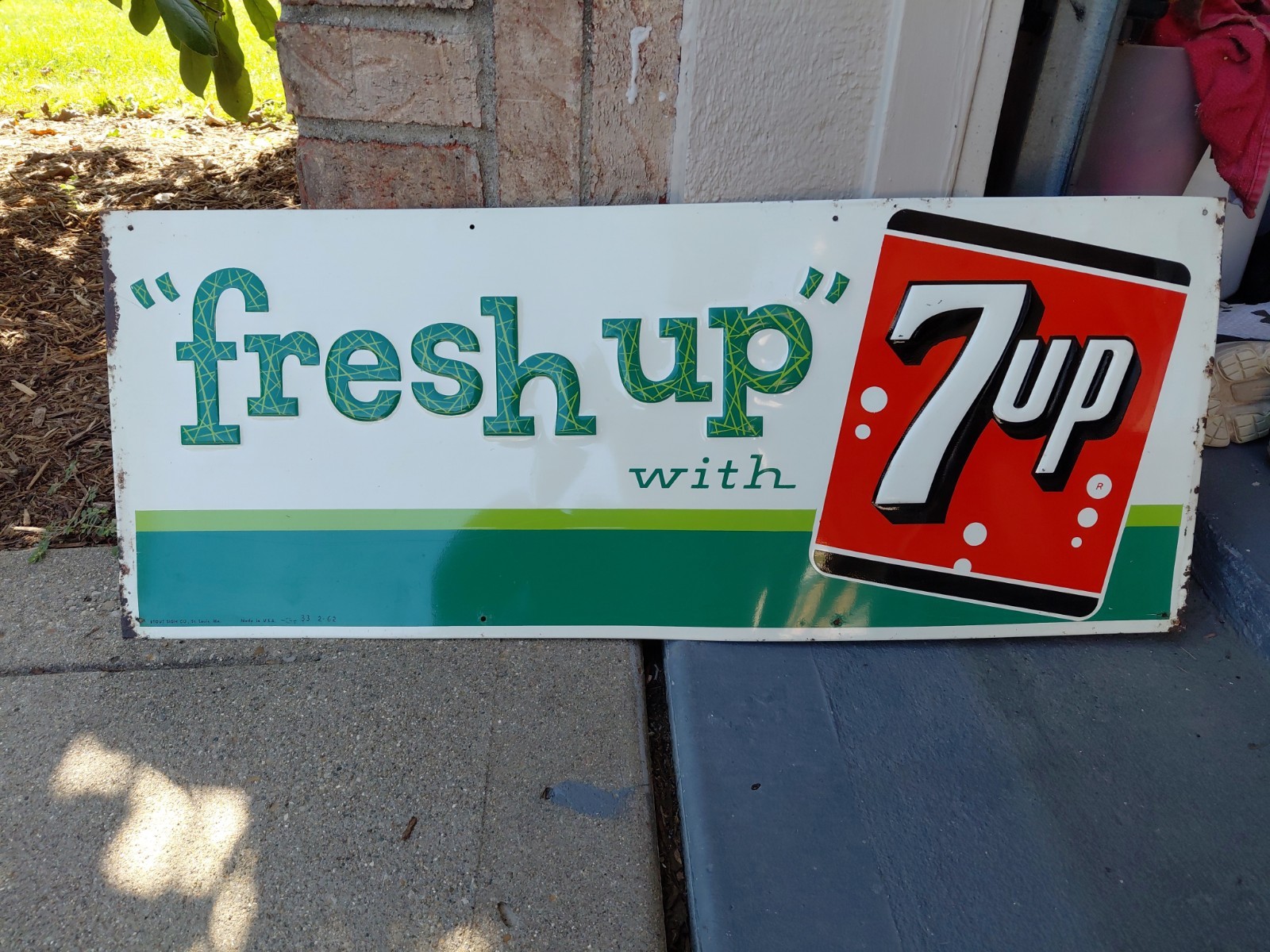 c.1962 Original Vintage Fresh Up With 7up Sign Metal Embossed Coke Pepsi Soda 
