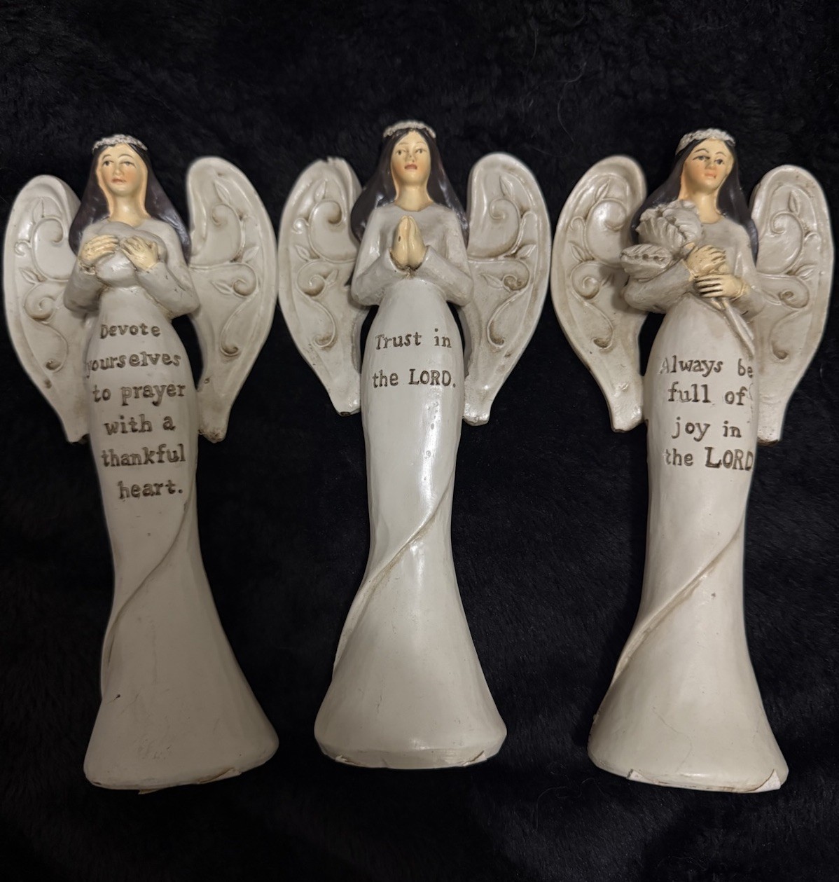 Vintage Angel Set Of 3 Trust In The Lord, Full Of Joy, Devote Yourselves 6.5” Ea