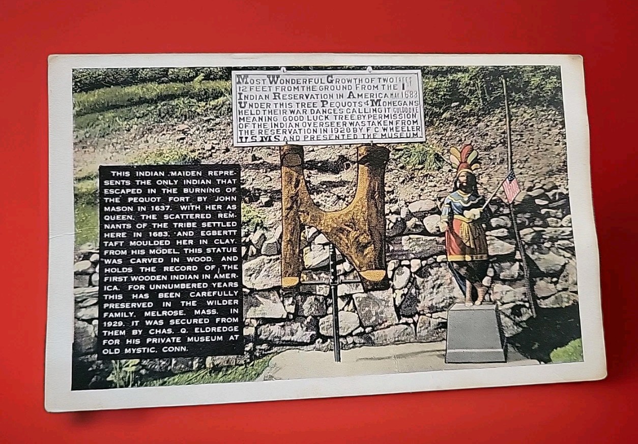 1930s Old Mystic CT Indian Maiden Statue Pequot Mohegan Trees Postcard Tichnor