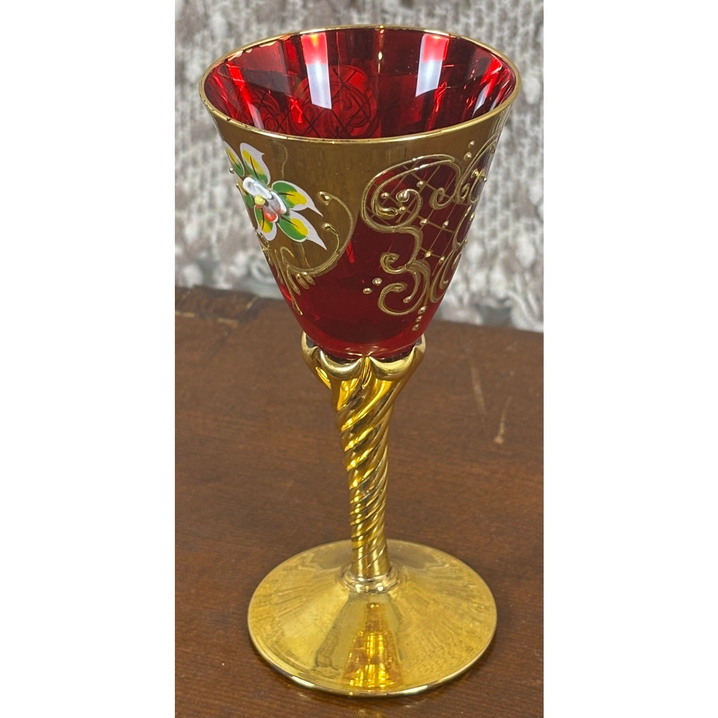 Vintage Murano Tre Fuochi Ruby Red Wine Goblet 24K Gold Enamel Floral Italy 6\