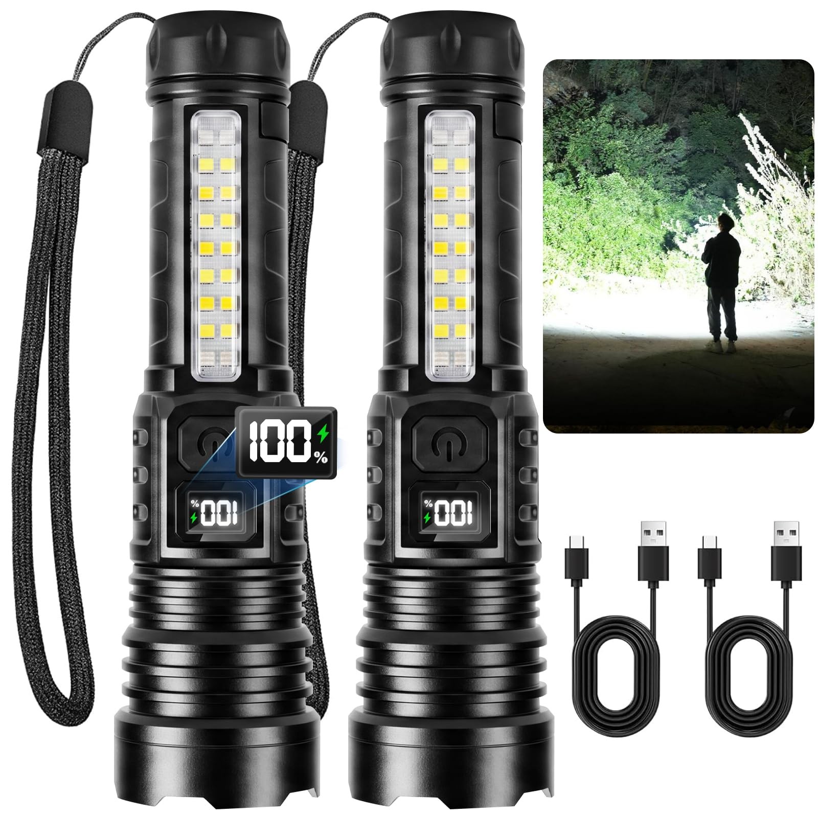 Rechargeable Flashlights High Lumens 99000 2 Pack, Super Bright 2Pack, Black