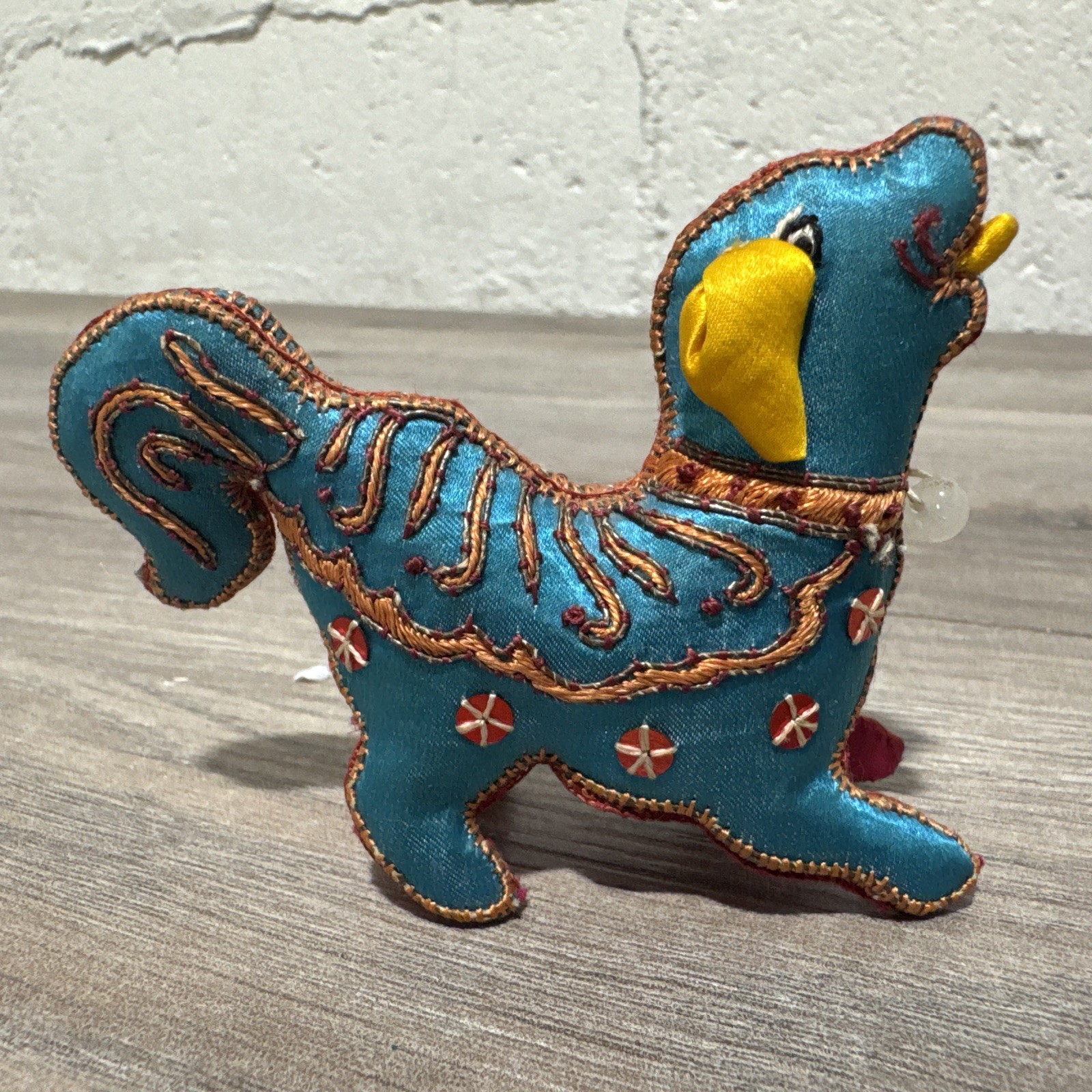 Vtg 1968 Chinese Silk Embroidered Sequins Blue Dog Ornament 3” Tall Hong Kong