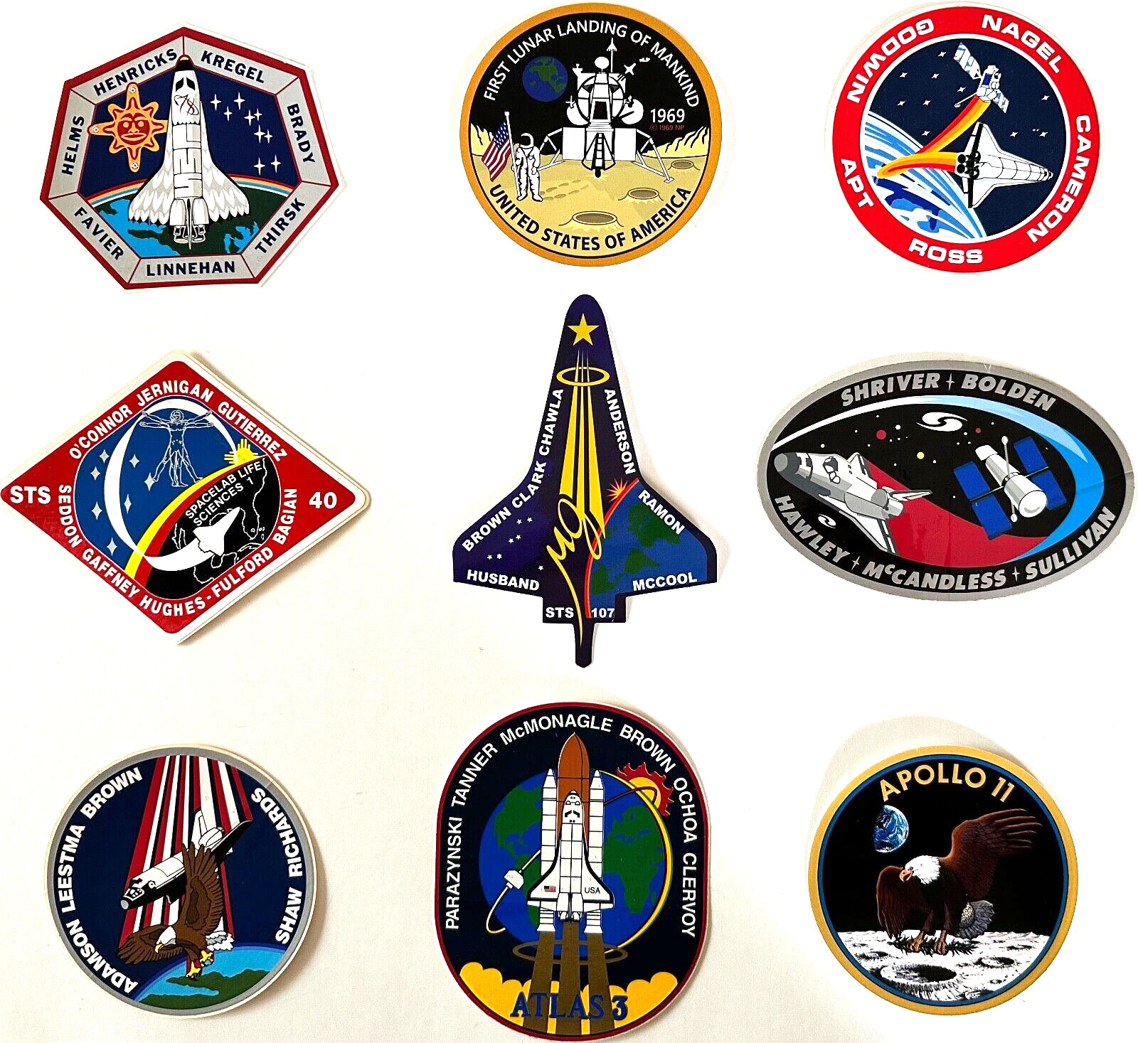 NASA...9 Vintage Decals Stickers + Moon Landing + Columbia Final Flight  #104