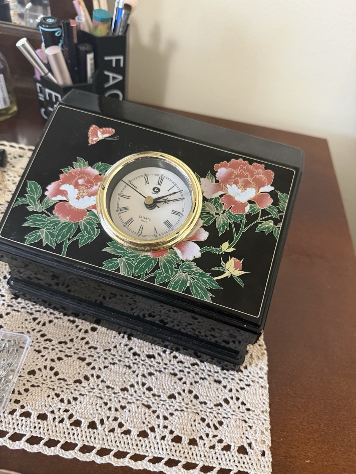 Vintage KANO Japan Lacquer Jewelry Box with Clock Floral Design