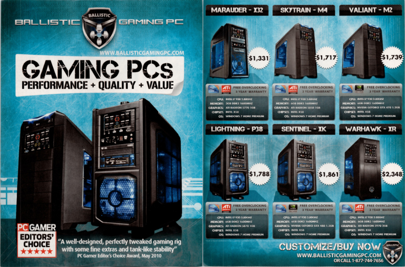 Ballistic Gaming PC 2010 Vintage Print Ad Marauder Skytrain Sentinel Warhawk