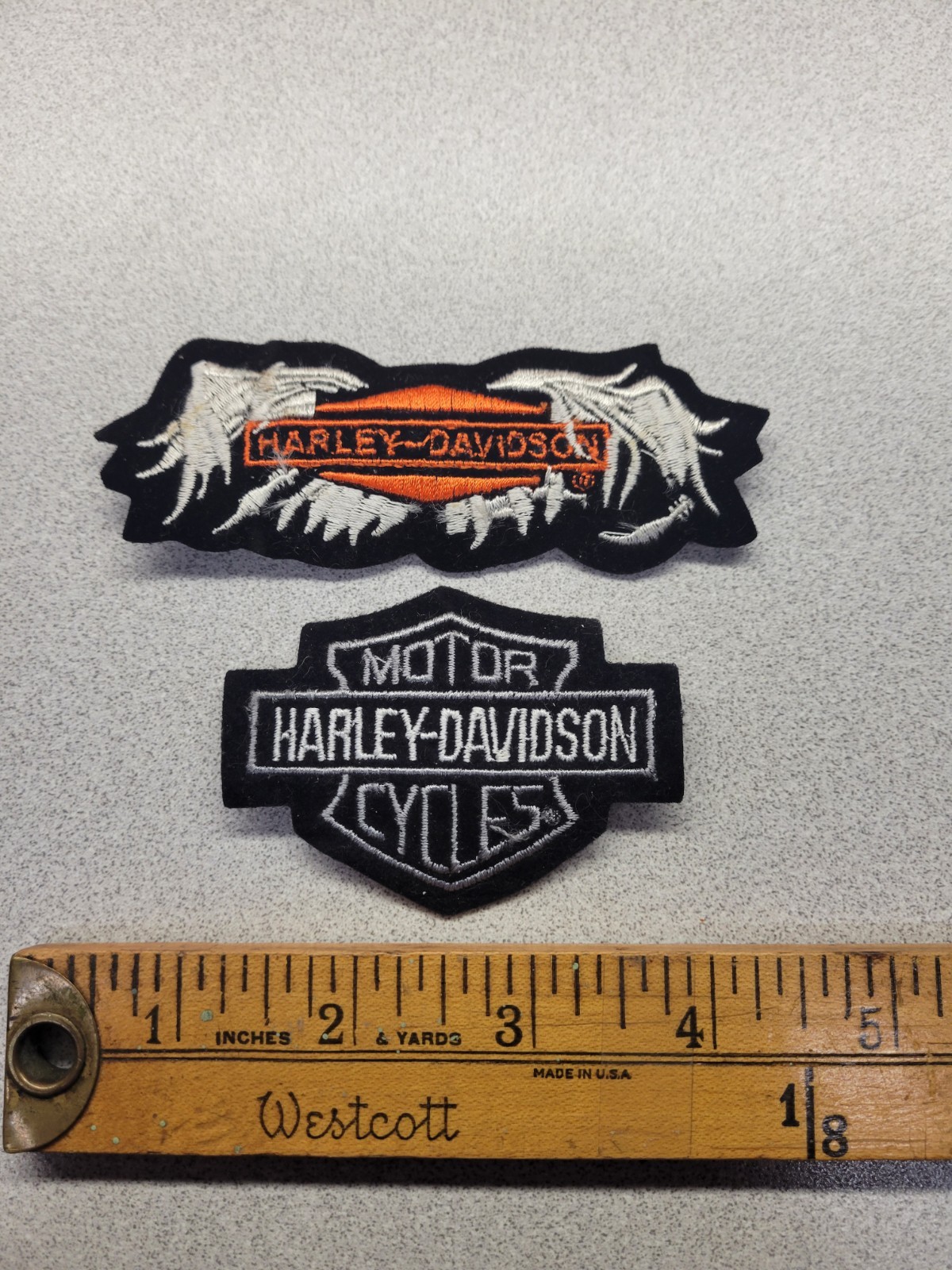 2   SMALL HARLEY PATCHES APPROX 4 INCHES WIDE