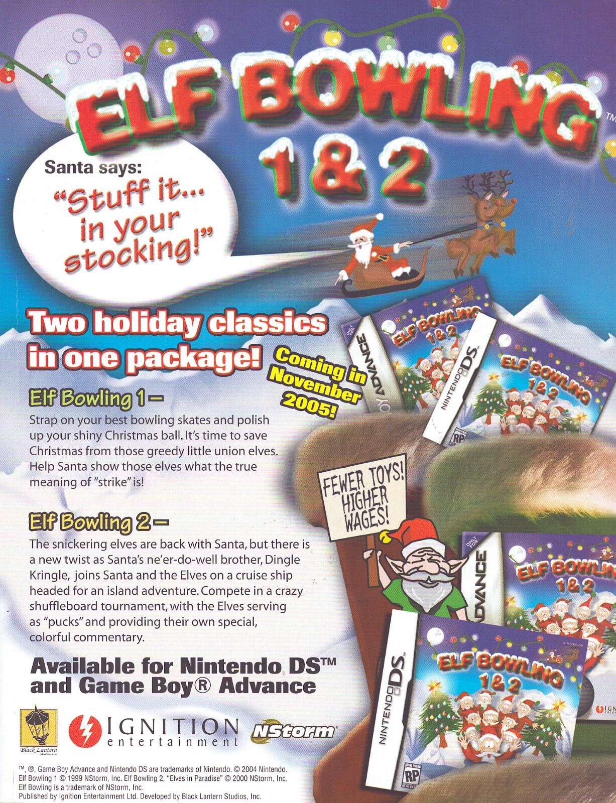 2005 Elf Bowling 1 & 2 Video Game Promo Art Print Ad