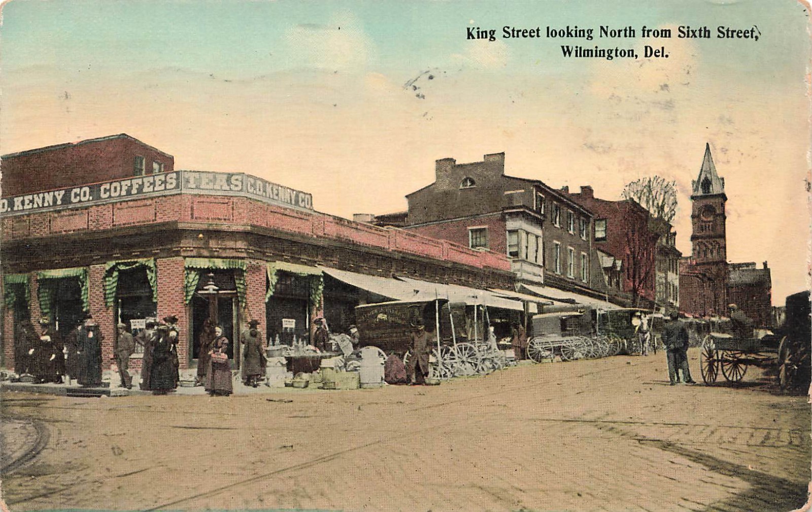 1913 DELAWARE POSTCARD: KING STREET, KENNY CO. COFFEES TEA 6TH ST. WILMINGTON DE
