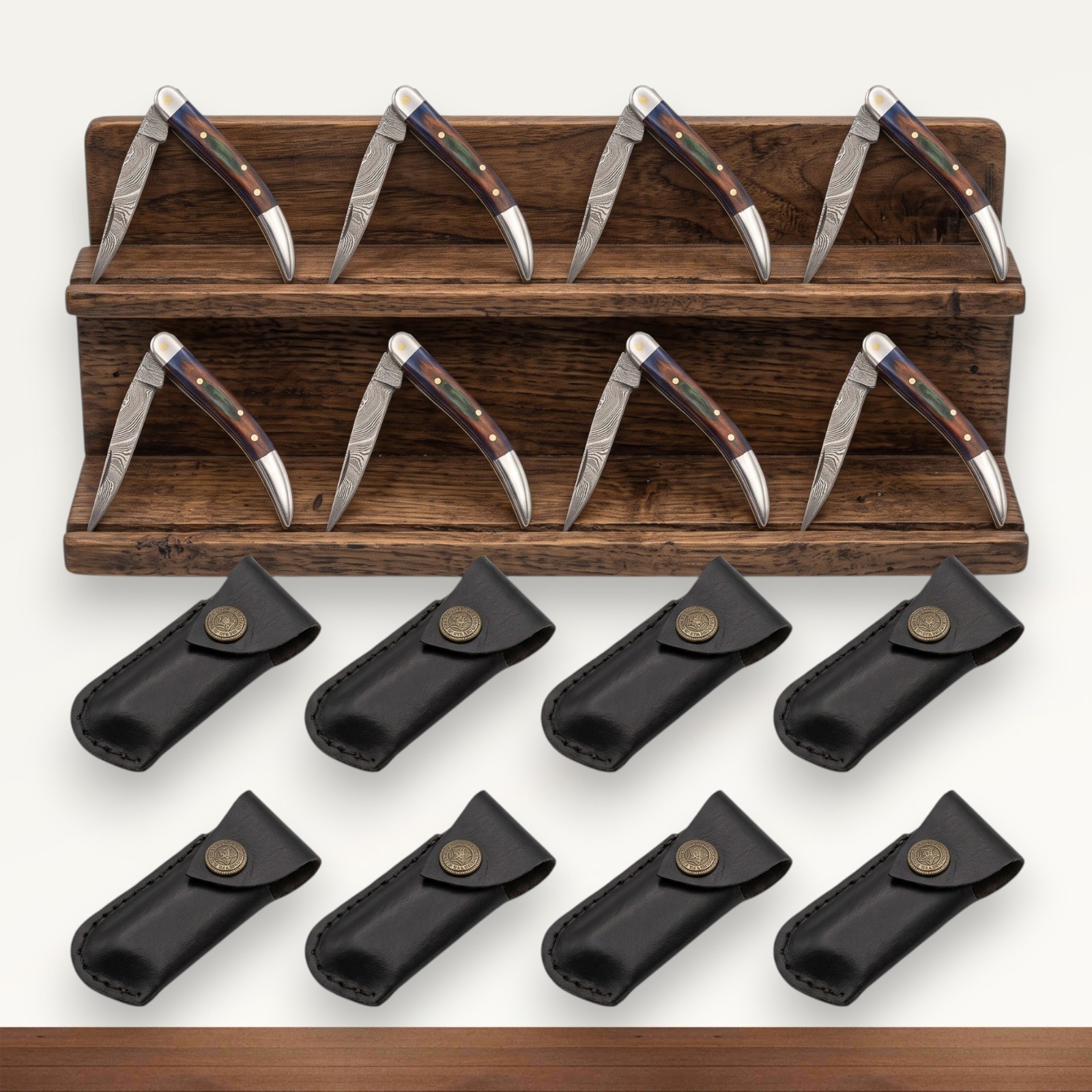 8pc Damascus Steel Folding Pocket Knife Set Bulk Groomsmen Gift w/Leather Pouch
