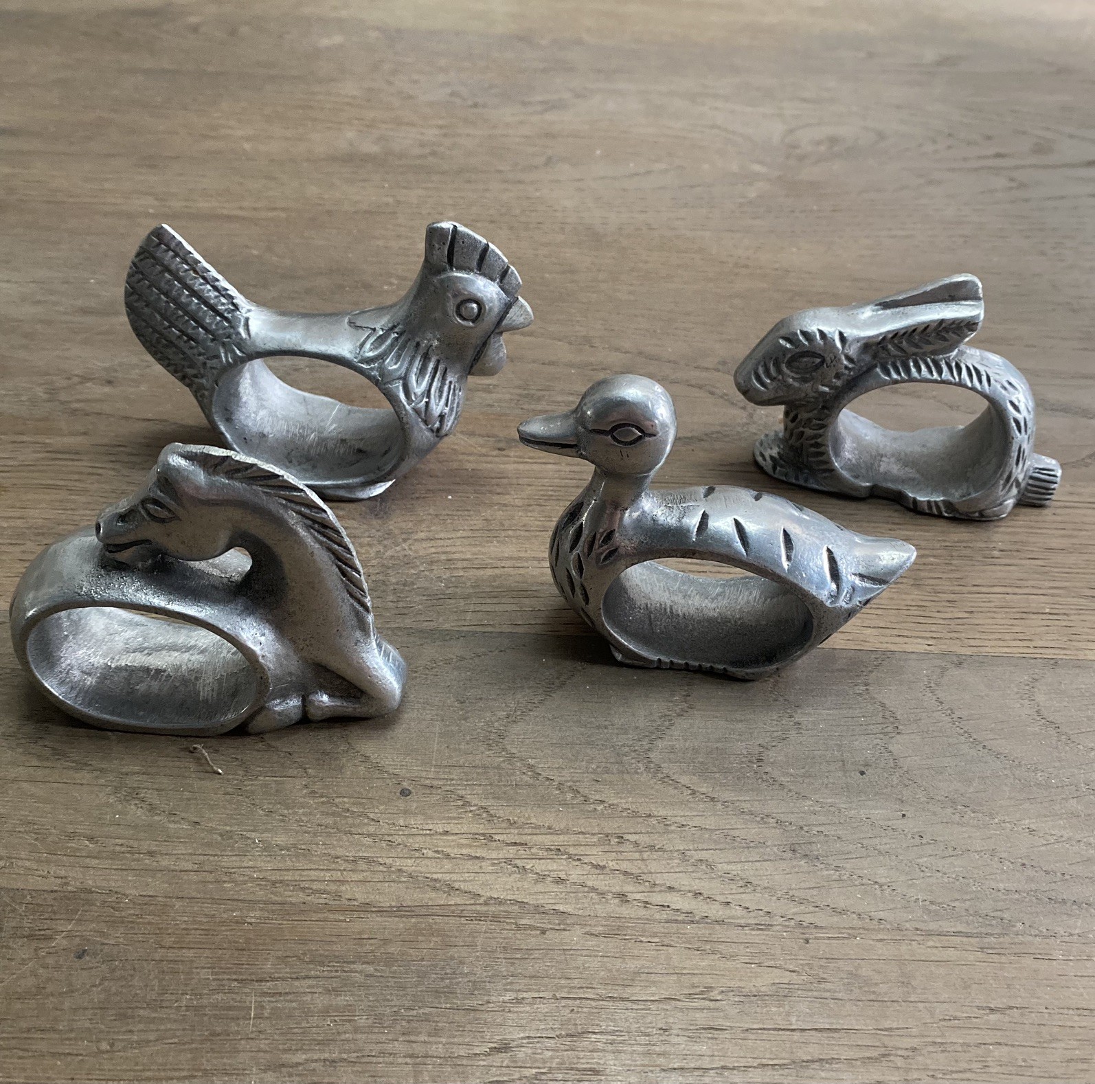Vintage Heavy Pewter Figural Animal Napkin Rings - Set of 4 Different Animals