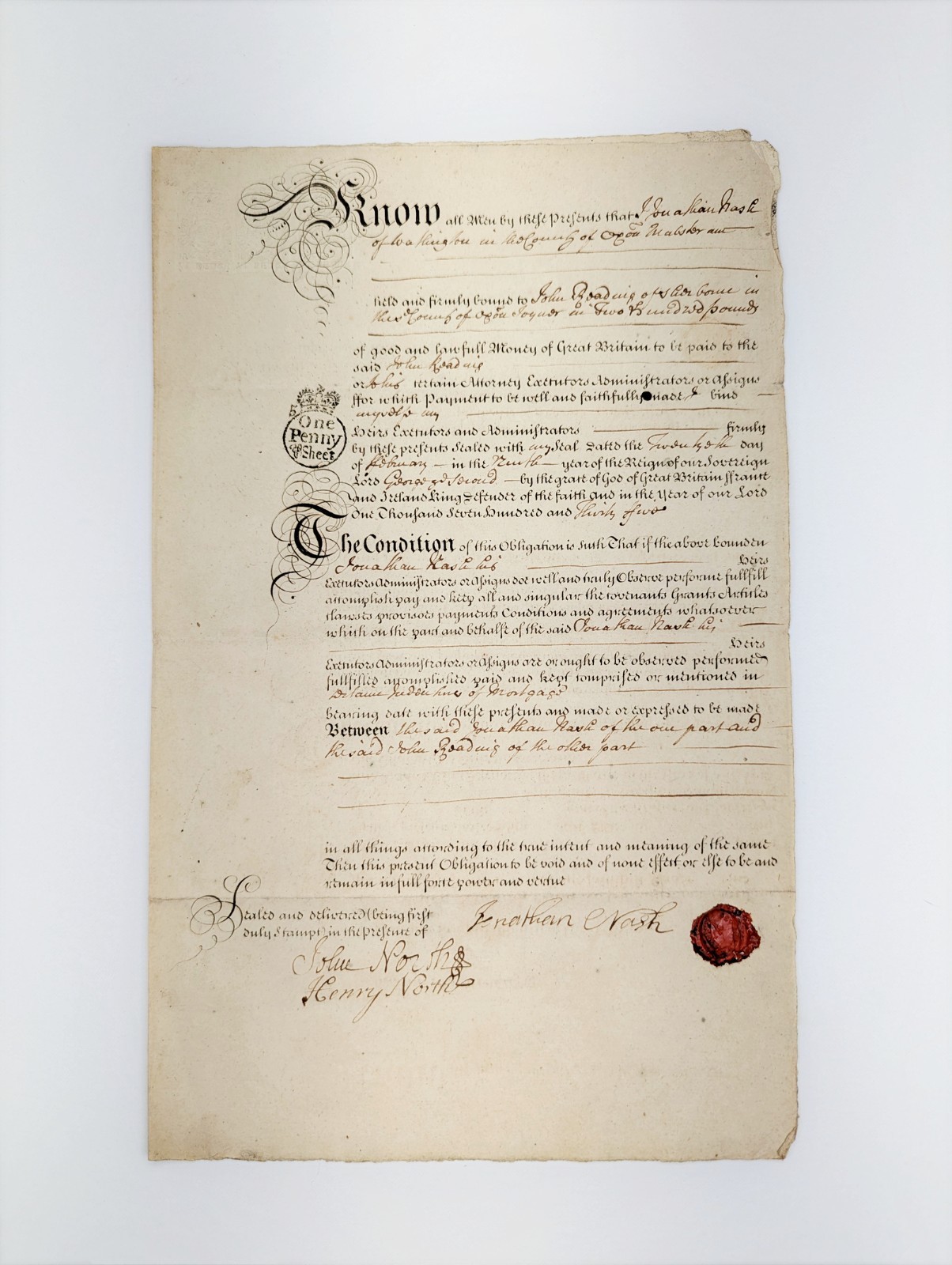 1735 Georgian Mortgage Penal Bond Document Oxfordshire Wax Seal Stamps Agreement