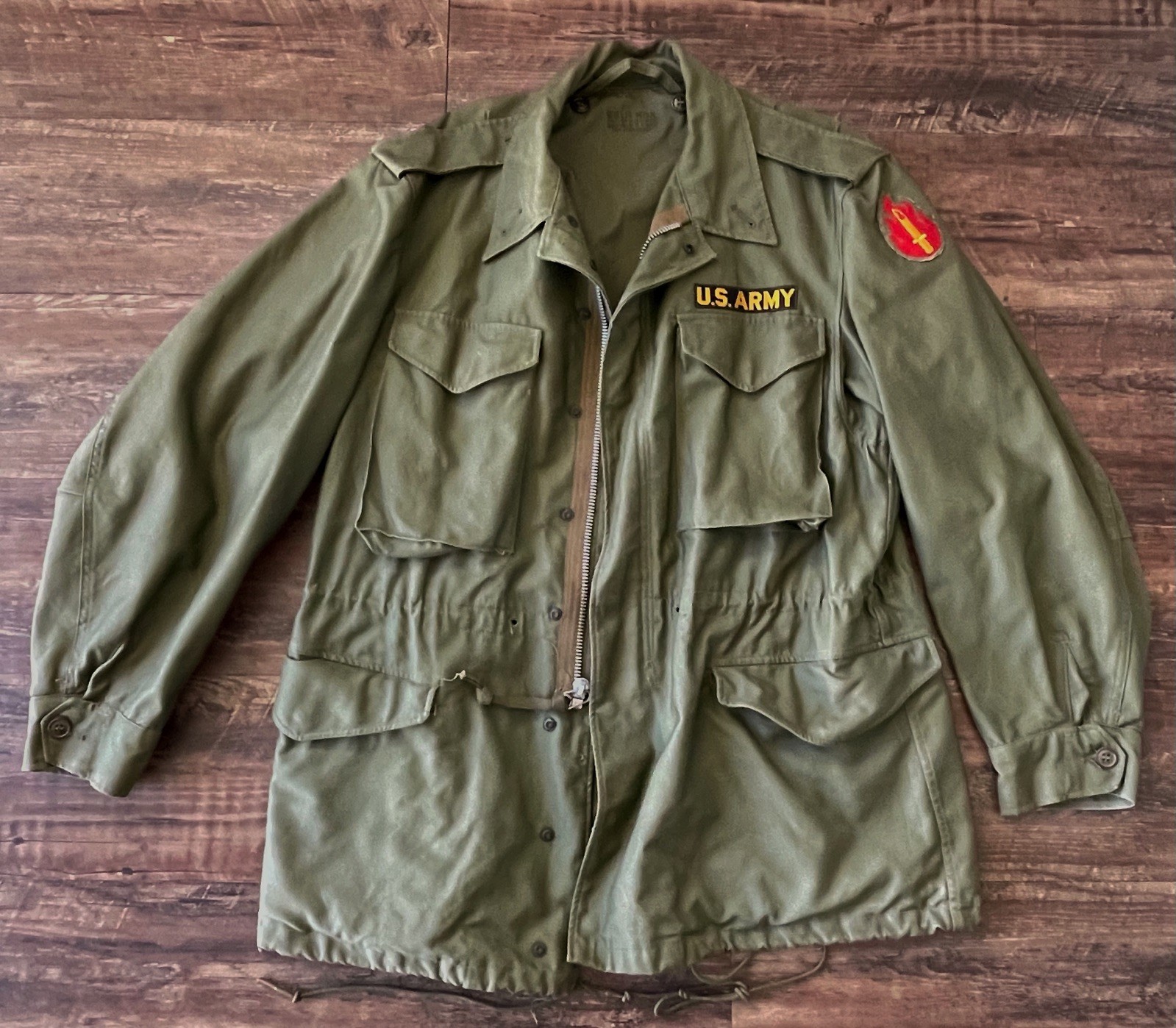 VINTAGE US ARMY M51 FIELD JACKET 1955 VIETNAM WAR MEDIUM REG PATCH 63RD EUC DARK
