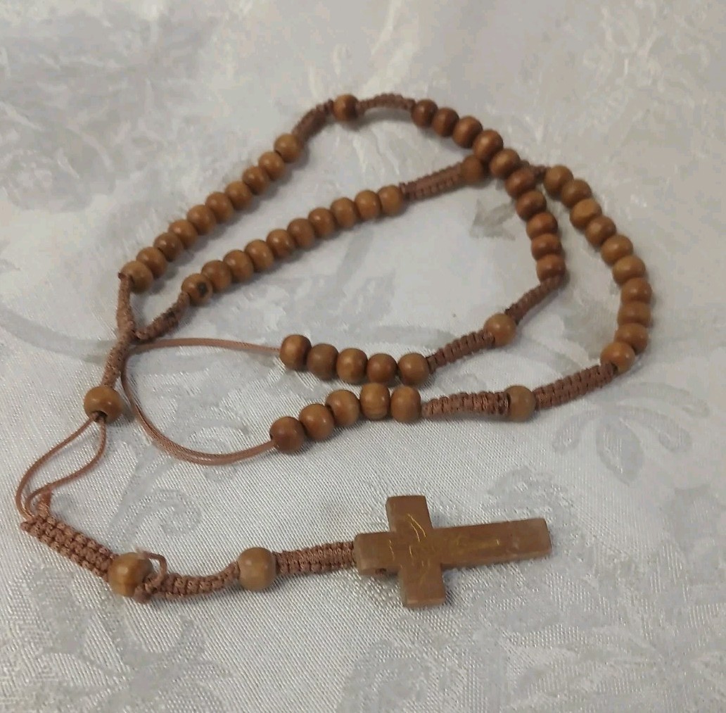 Vintage Handcrafted Macrame Olive Wood Bead Rosary 40\