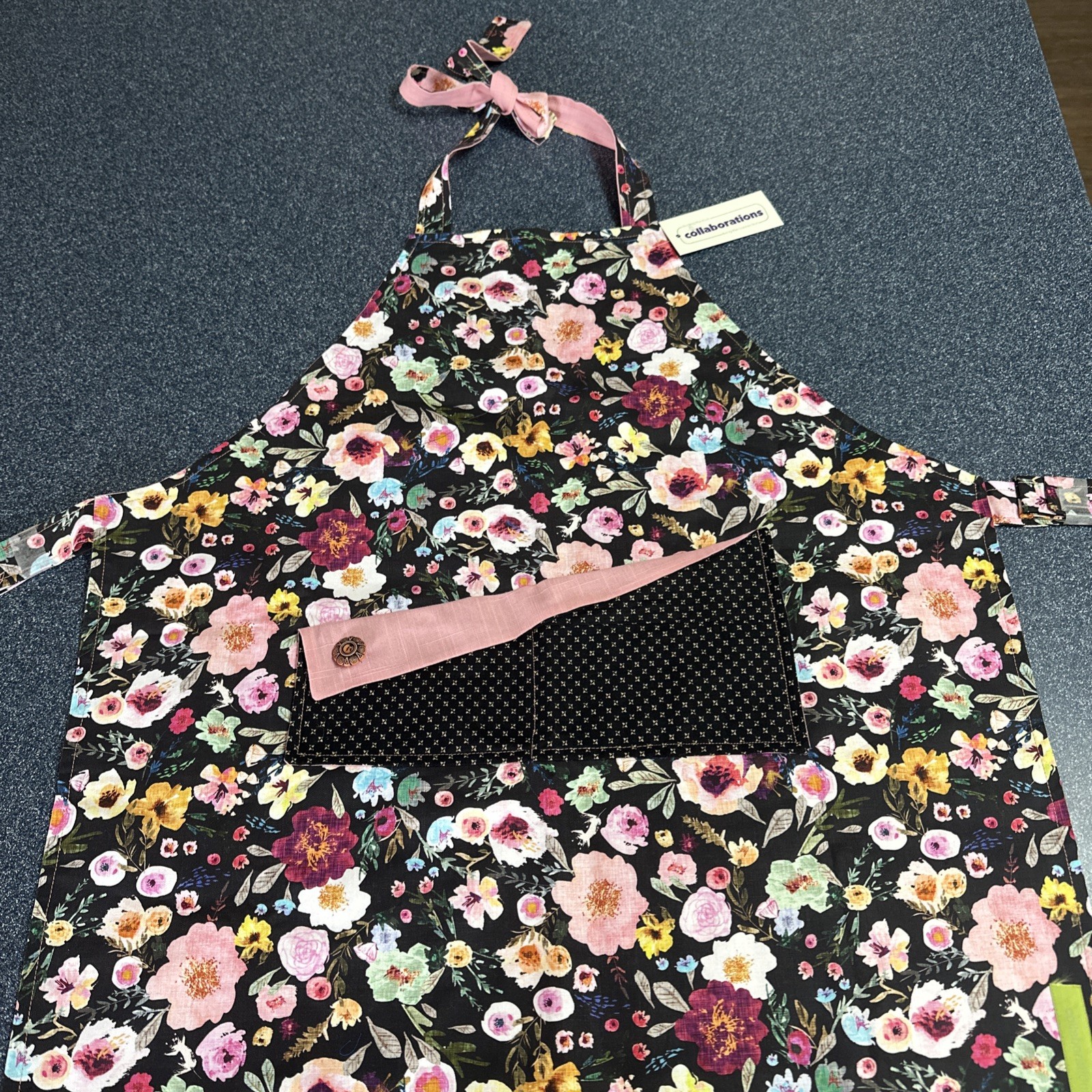 Handmade Kids Black Floral Apron Pink Accent Pockets Adjustable Neck