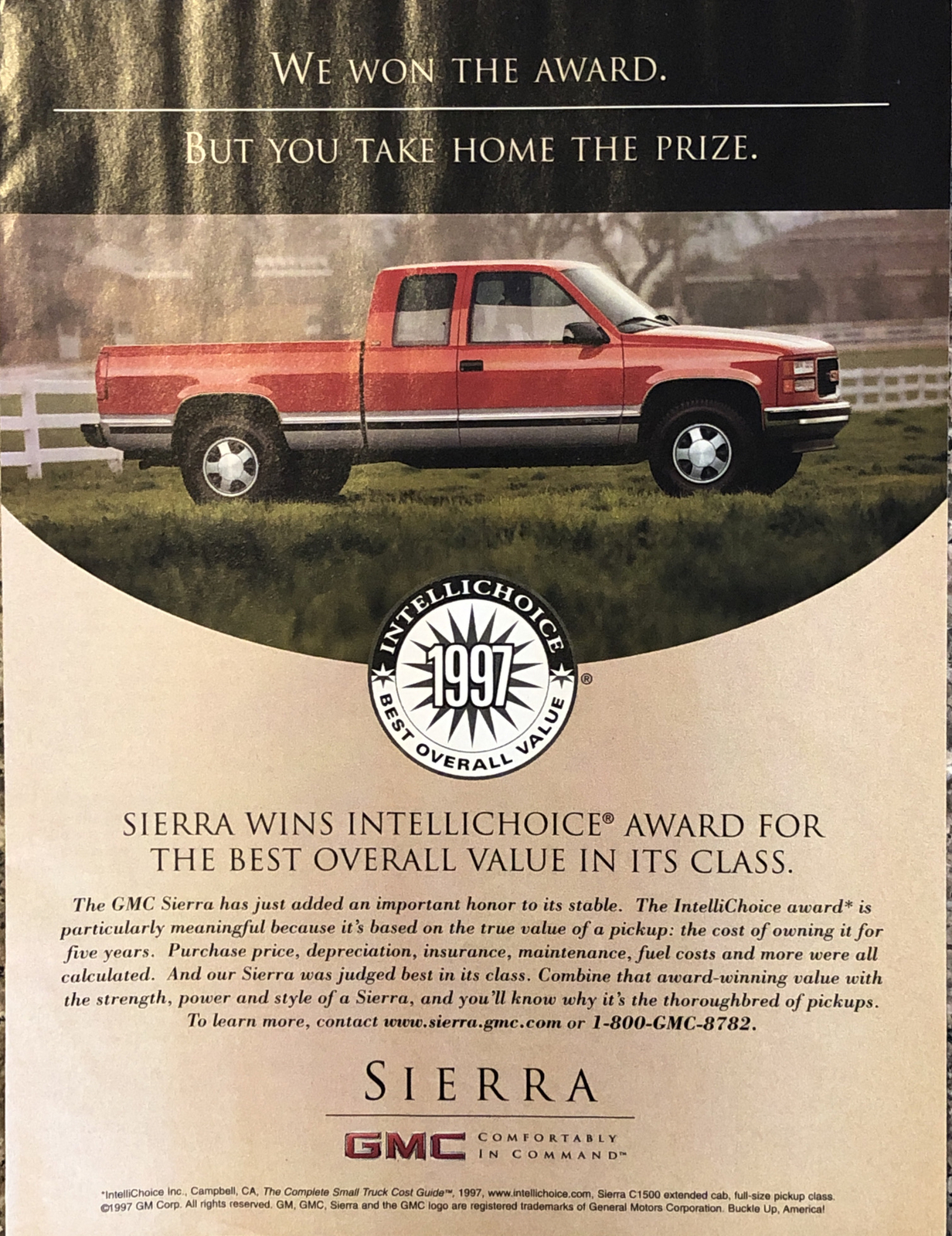 1997 GMC Sierra Pickup Truck PRINT AD Intellichoice Award Best Value VTG 1990s