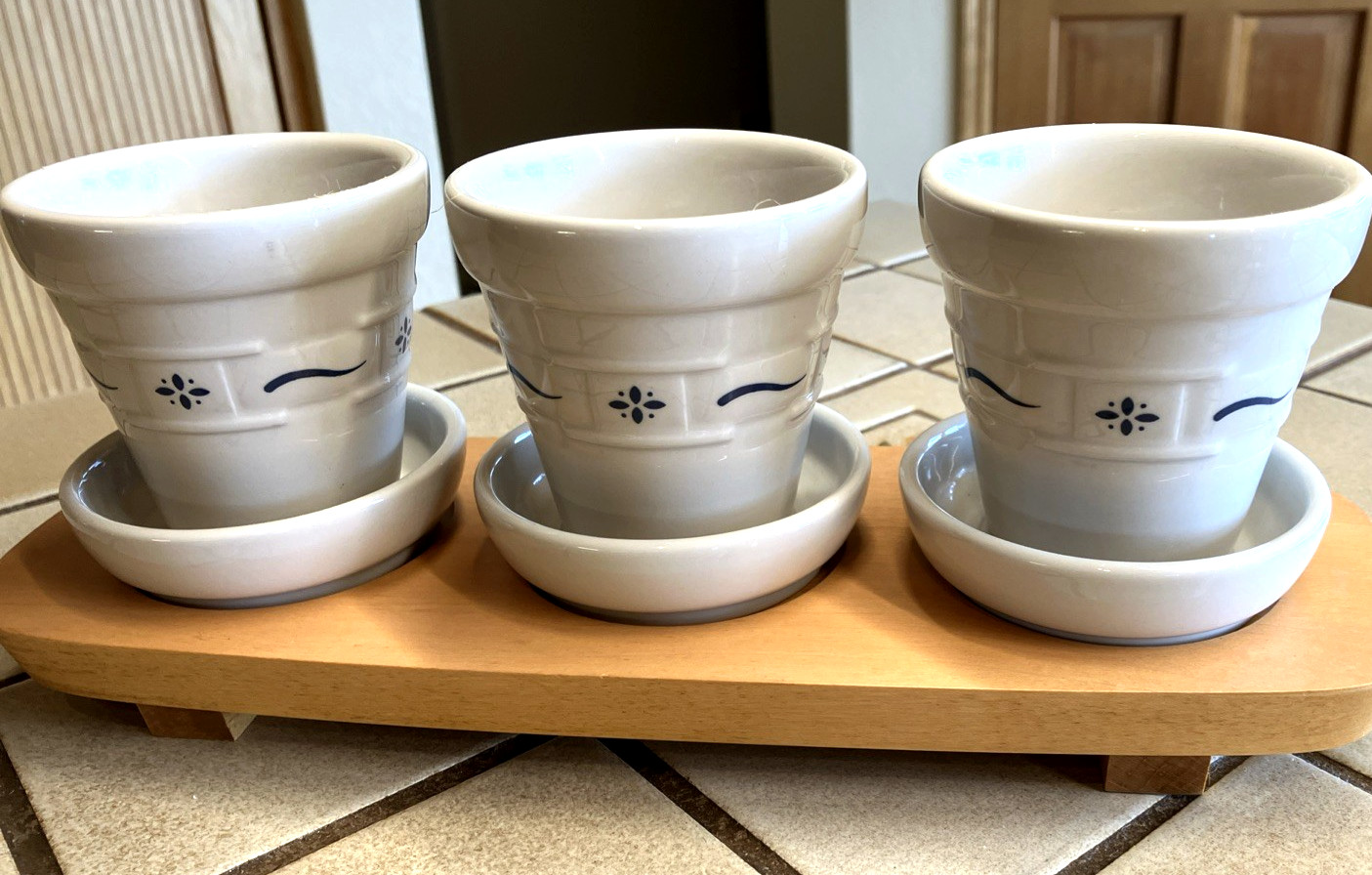 LONGABERGER HERB POT PLANTERS 7-PC SET, WOODEN STAND, WOVEN TRADITIONS BLUE NWOT