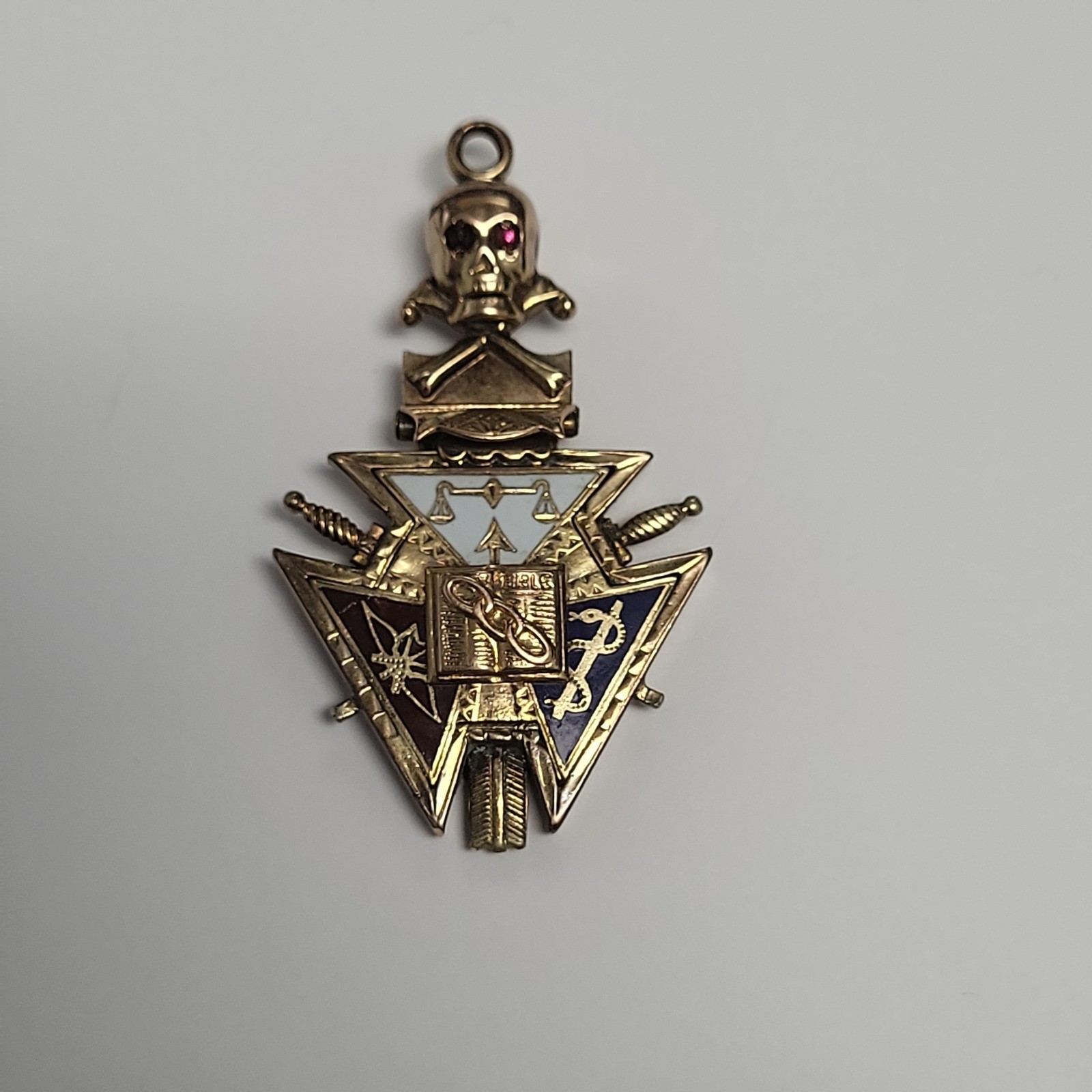 Antique IOOF Odd Fellow Fob Gold Filled Ruby Enamel Skull Cross Bones Pendant 82