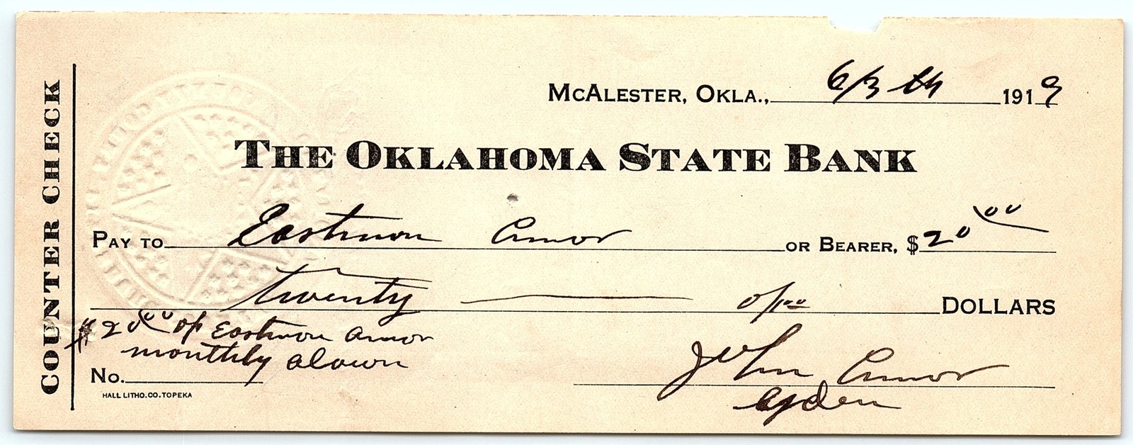 1909 The Oklahoma State Bank McAlester counter check