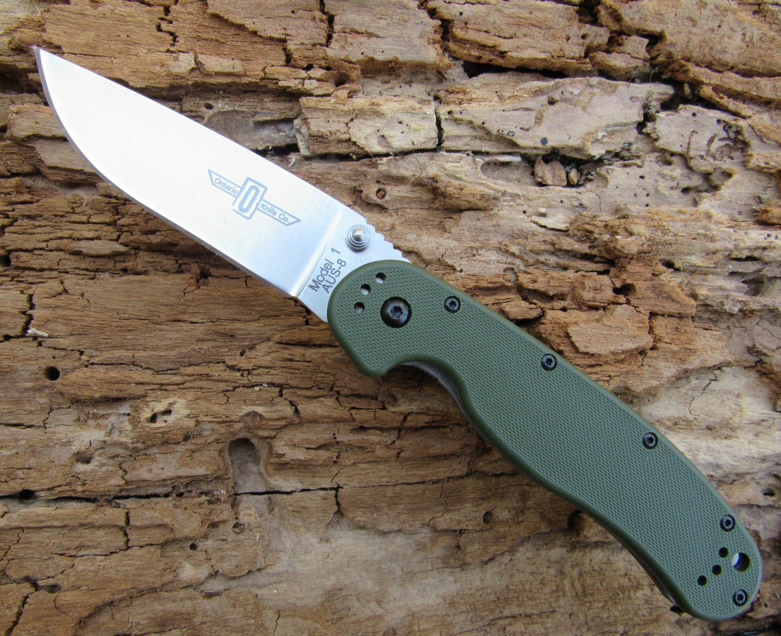ONTARIO RAT 1 LINERLOCK FOLDING KNIFE -AUS-8 -GREEN -VG+ CONDITION