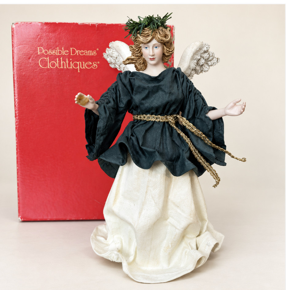 Vintage 1988 Possible Dreams Clothtique Green Angel Tree Topper 713602 Box