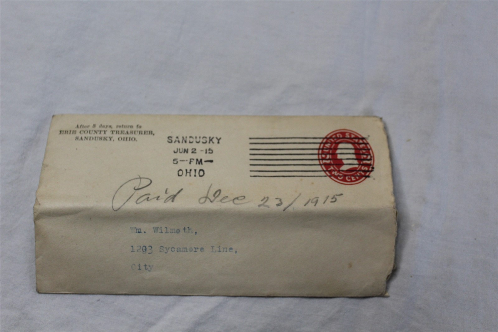  1914 Tax Receipt With Original Letterhead Erie County, Sandusky, OH Antique