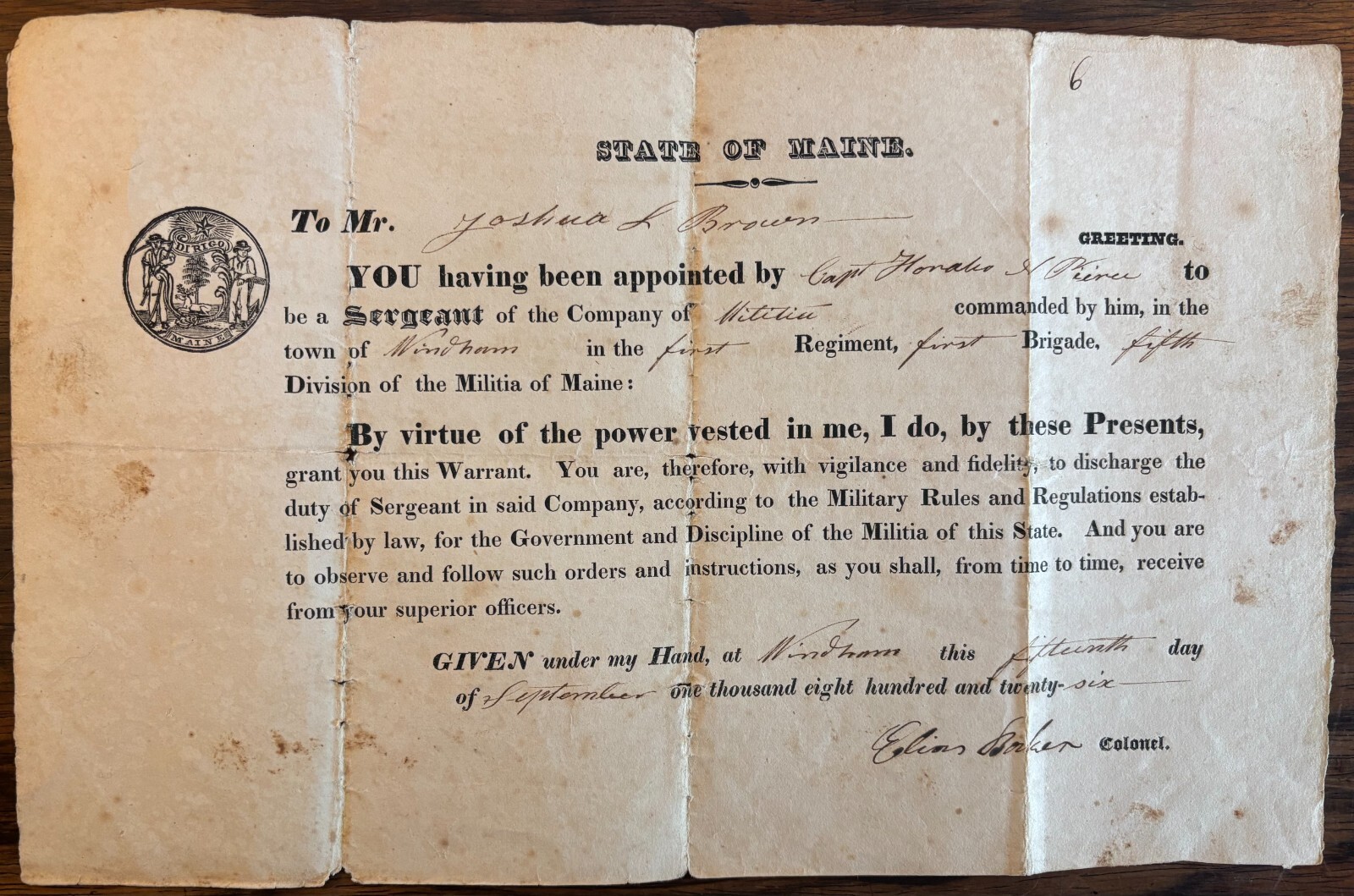 1826 WINDHAM ME MAINE MILITIA BROADSIDE SERGEANT BROWN 1st Reg 5th Brigade & Div