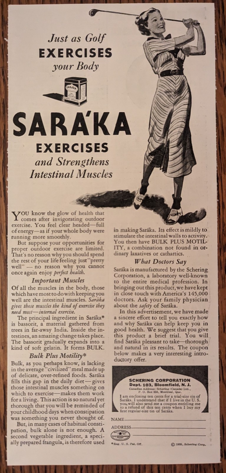 Ad for Sara\'ka Constipation Aid 1935 Vintage Half Page Medical Print Ad