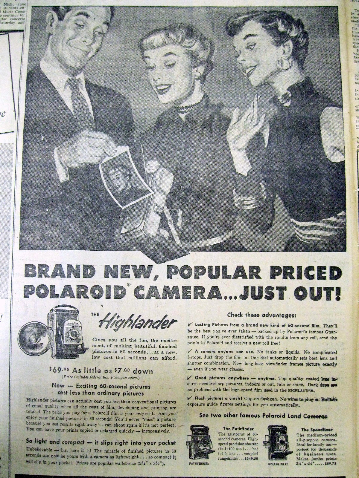1954 newspaper w a Large illustrated ad for VERY EARLY POLAROID instant CAMERA