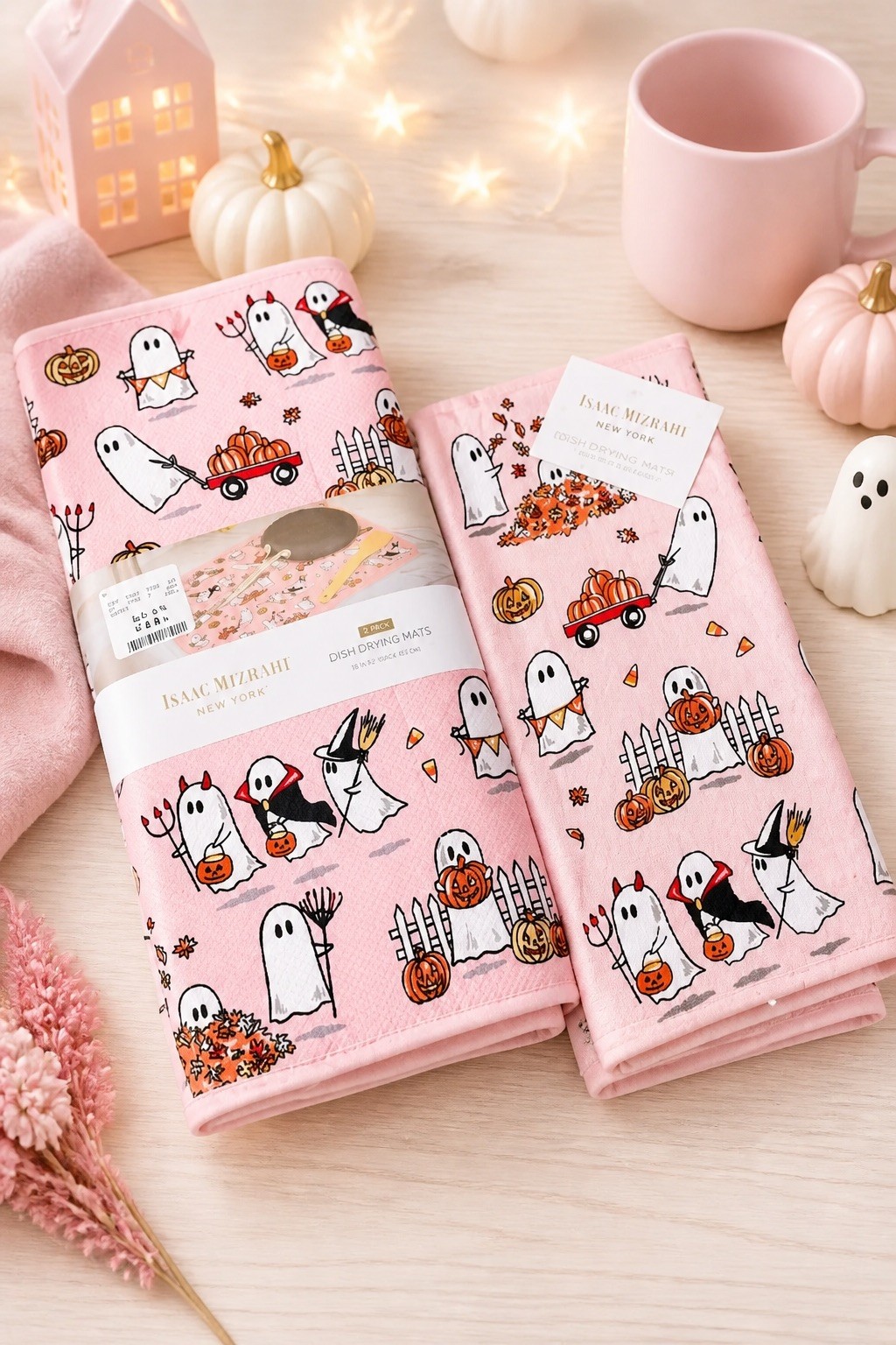 VIRAL Pink Halloween Trick or Treat Ghost Dish Towel & Dry Mat Set Isaac Mizrahi
