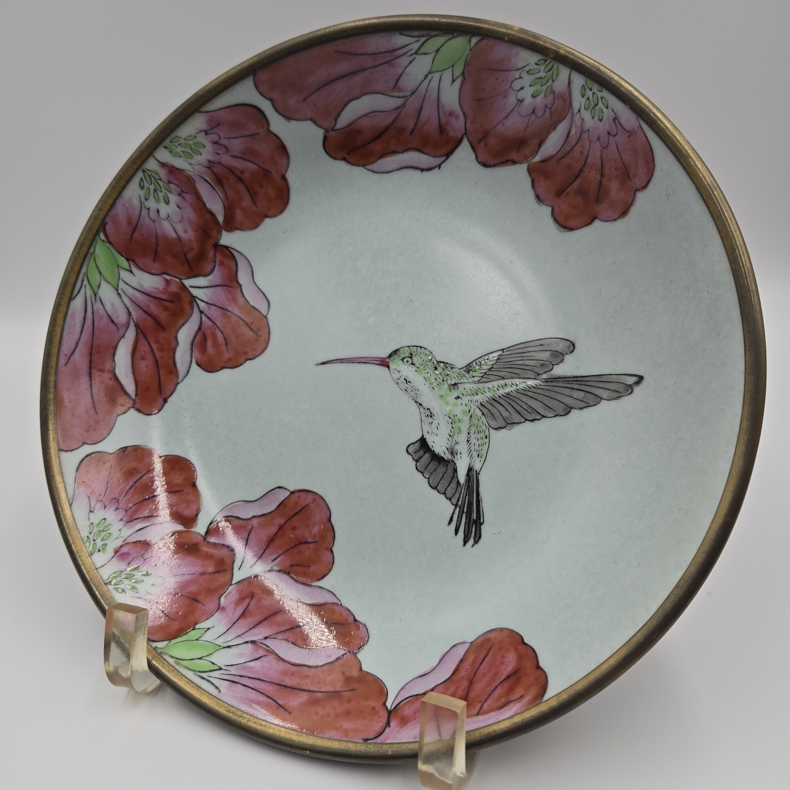 VTG RARE Rubicon Hand Painted Wall Art Flower & Hummingbird Gold Trim 1987 8”