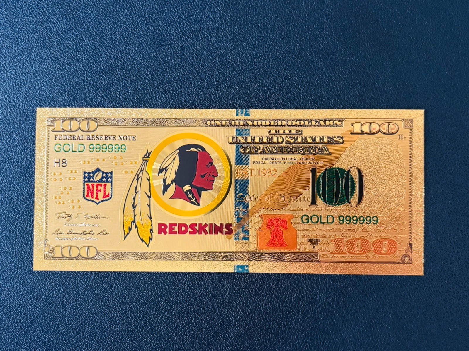Washington Commanders Redskins Gold Foil Plated Novelty Football Team Banknote