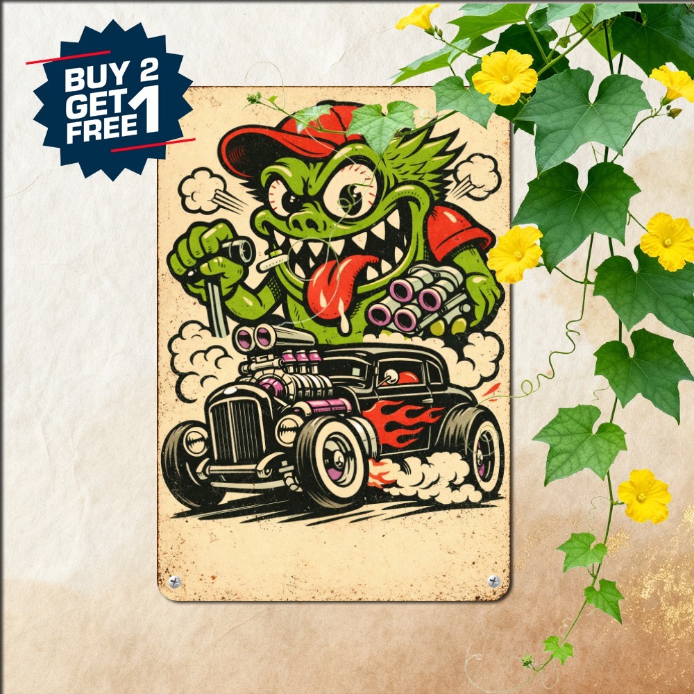 Americana Drag Racing Rodent Monster Garage Wall Decor Metal Tin Sign 8x12 In