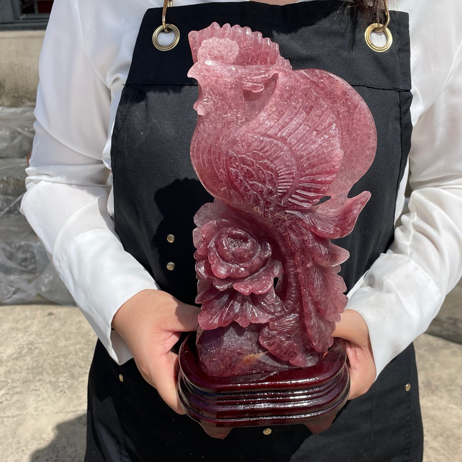 4.07LB Natural Strawberry Quartz Crystal Carved Quartz Phoenix Decorate Reiki