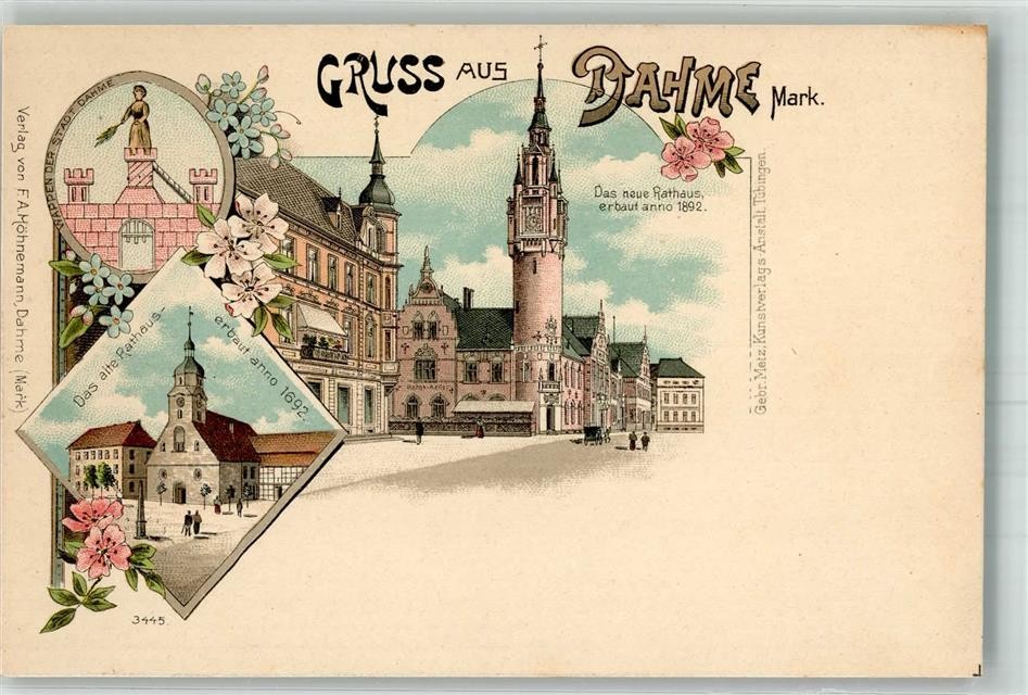 13571547 - 1701 Dahme lithograph the old town hall anno 1692 coat of arms the