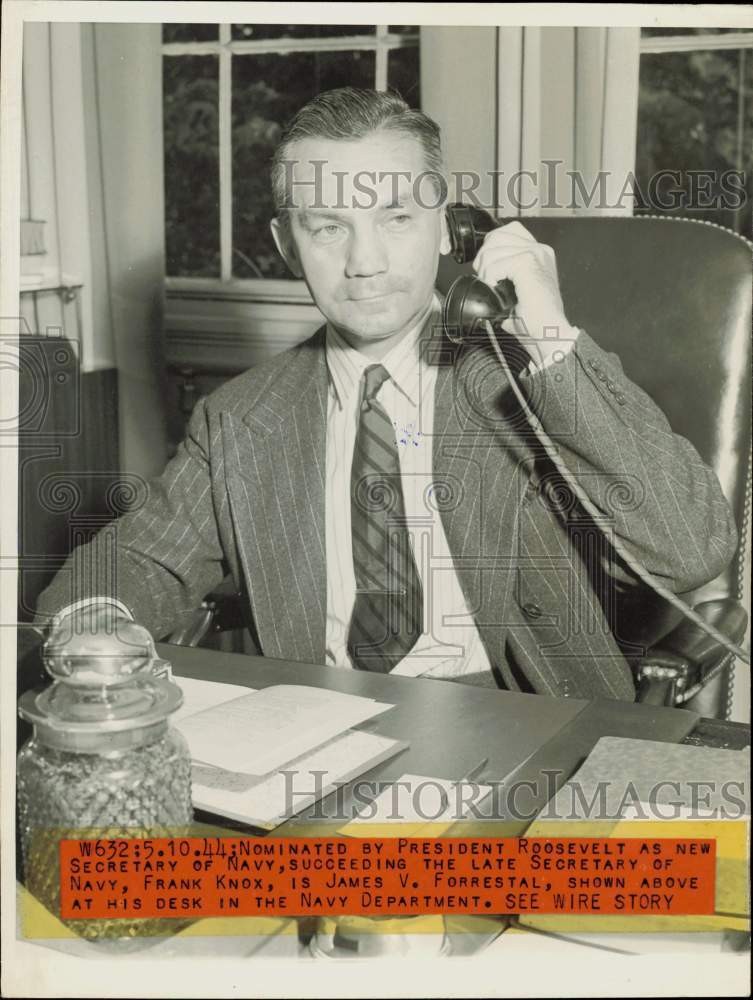 1944 Press Photo Secretary designate James Forrestal speaks on phone in D.C.