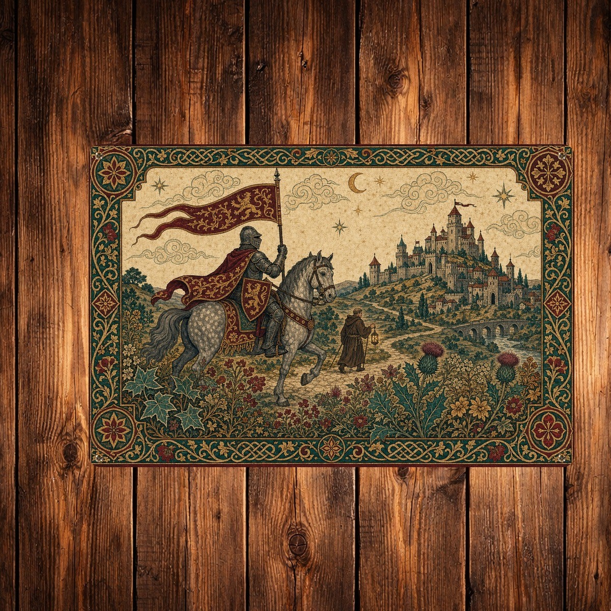 Medieval Knight Castle Tin Sign Ornate Tapestry Style Metal Wall Art