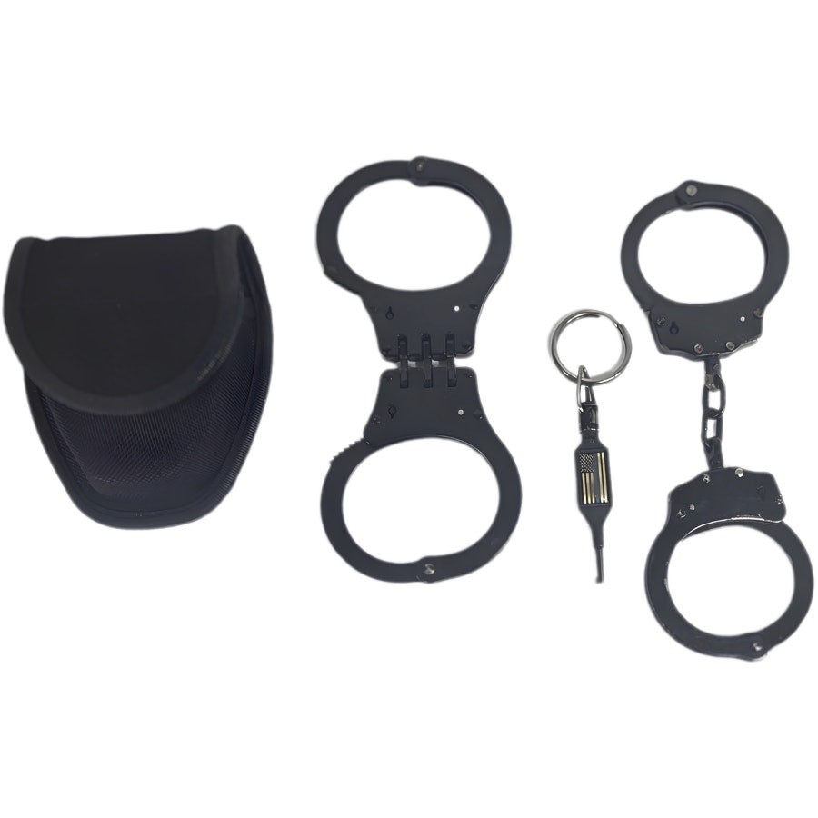 2 Pair Black Steel Handcuffs Hinged Chain Key Nylon Belt Pouch Set