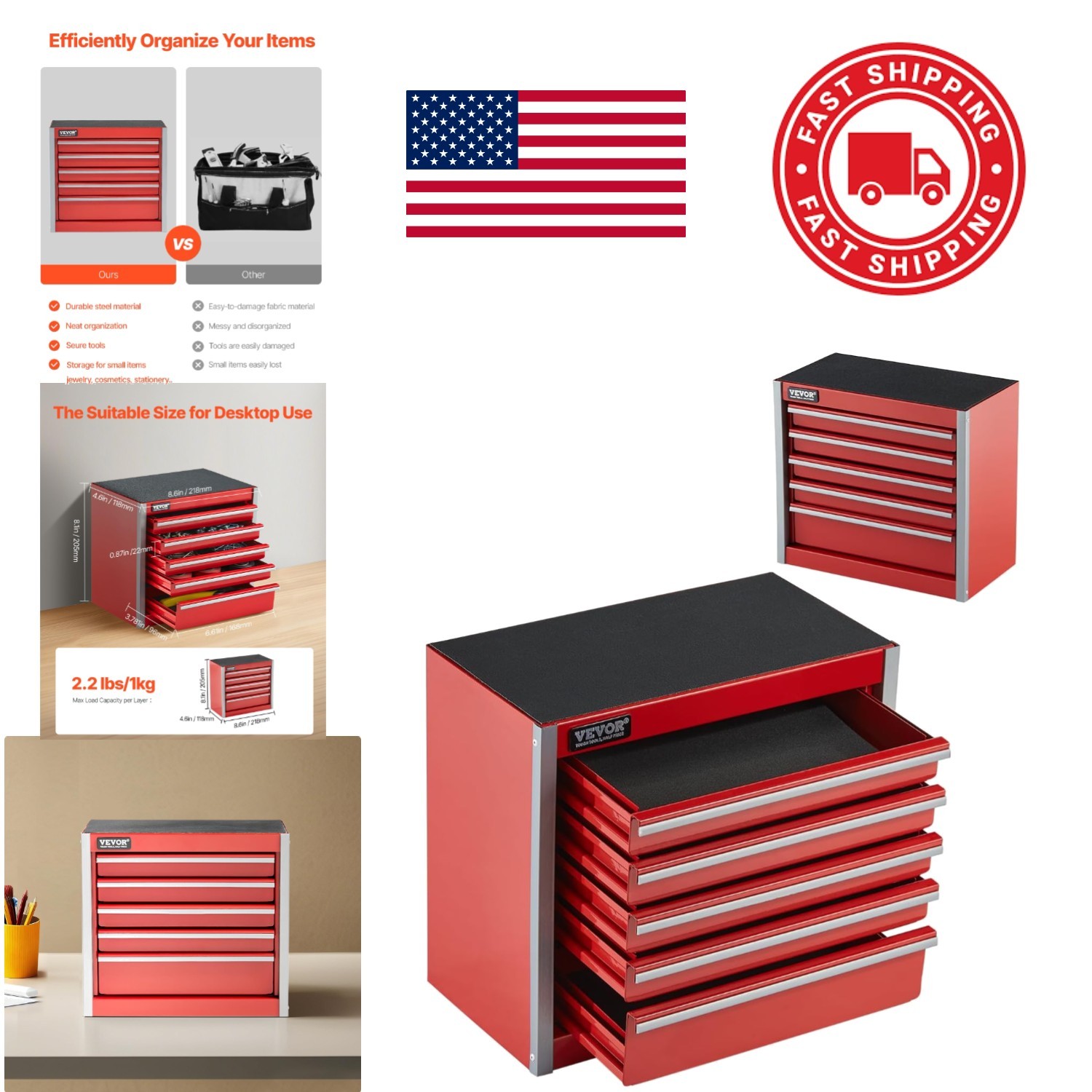 Sturdy 8.6 Inch Metal Tool Box Red with 5 Drawer Design for Efficient Storage