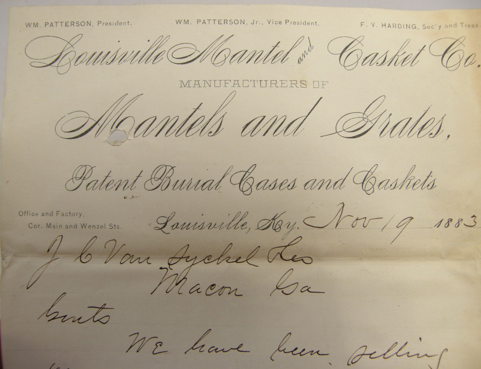 ANTIQUE 1883 LETTERHEAD LOUISVILLE KENTUCKY MANTEL & CASKET CO 