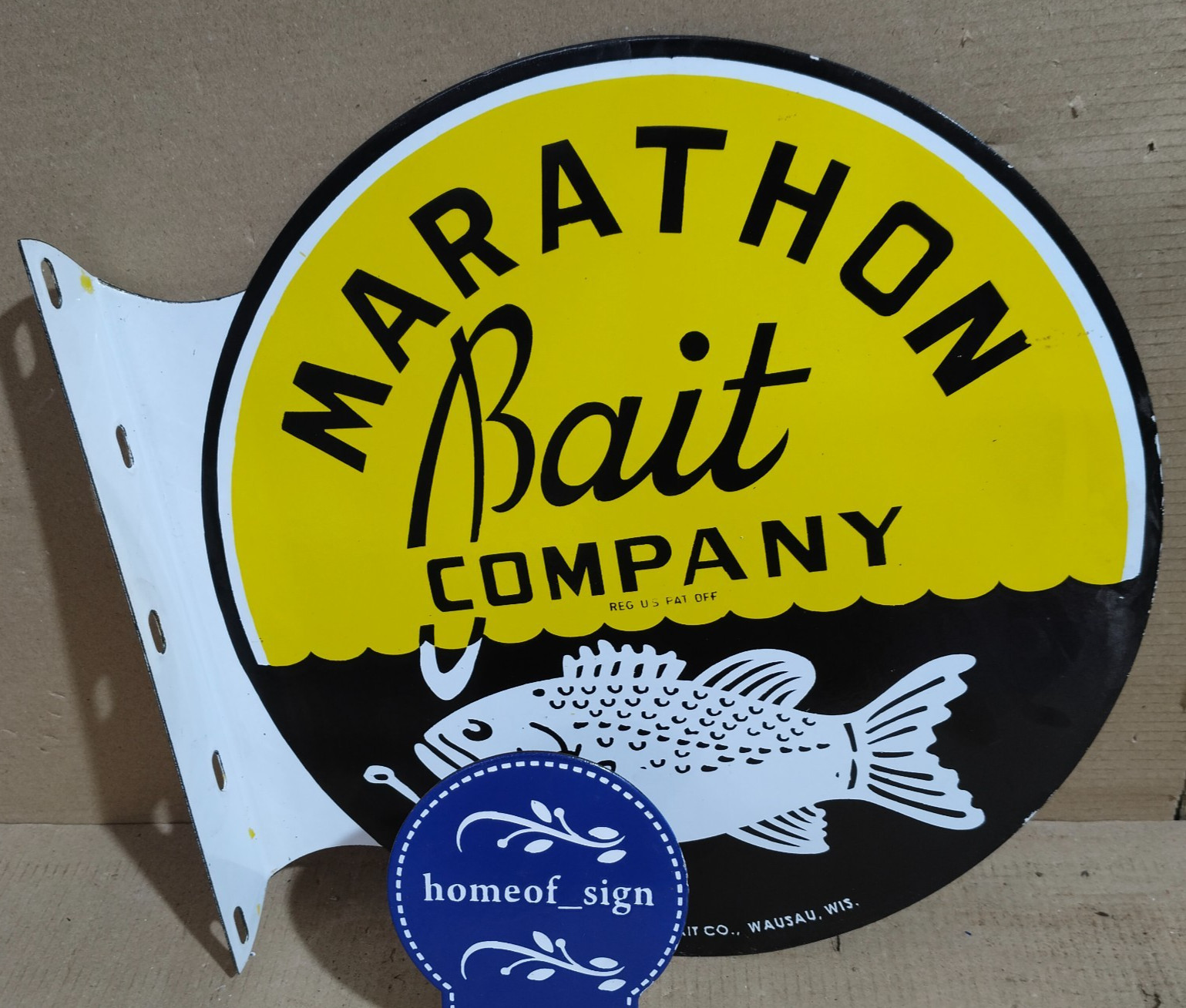 Marathon Bait Company Porcelain Enamel Sign 19.5 x 17 Inches 2 Sides